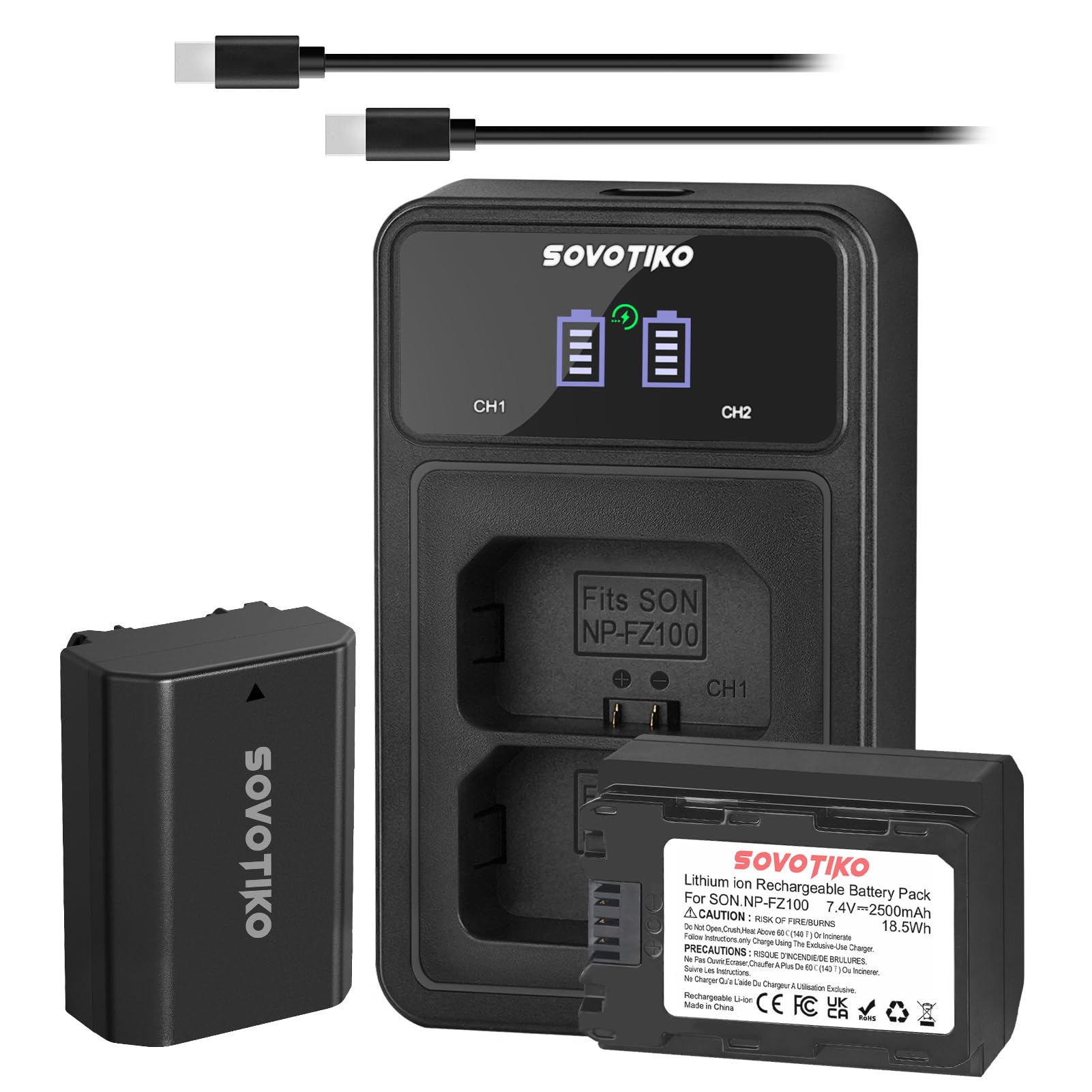 SOVOTIKO 2-Pack NP-FZ100 Battery & 2-Slot Charger for Sony