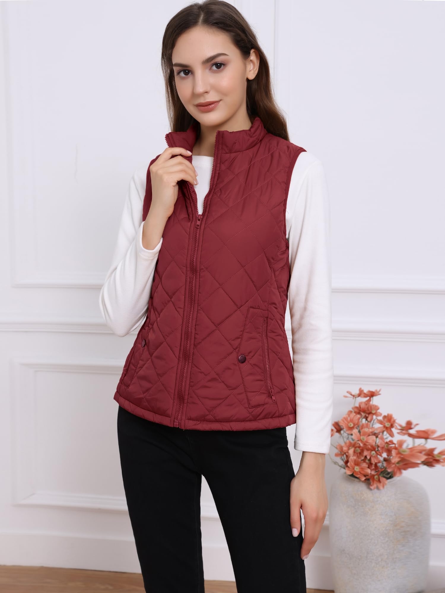 Allegra K Gilet Quilted Zip Vest Gilet bouffant Femme