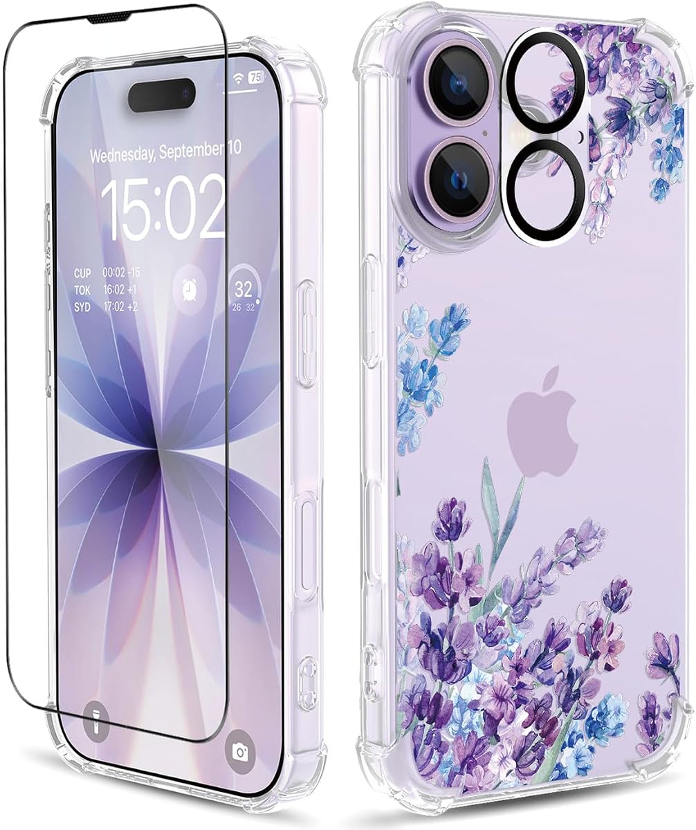 for iPhone 17 Case, 3 in 1 Screen & Lens Protectors, Floral Cover | Soft TPU Material | Clear Cute Flower Design | Shockproof Protection | Designed for Women & Girls，Lavender/Purple