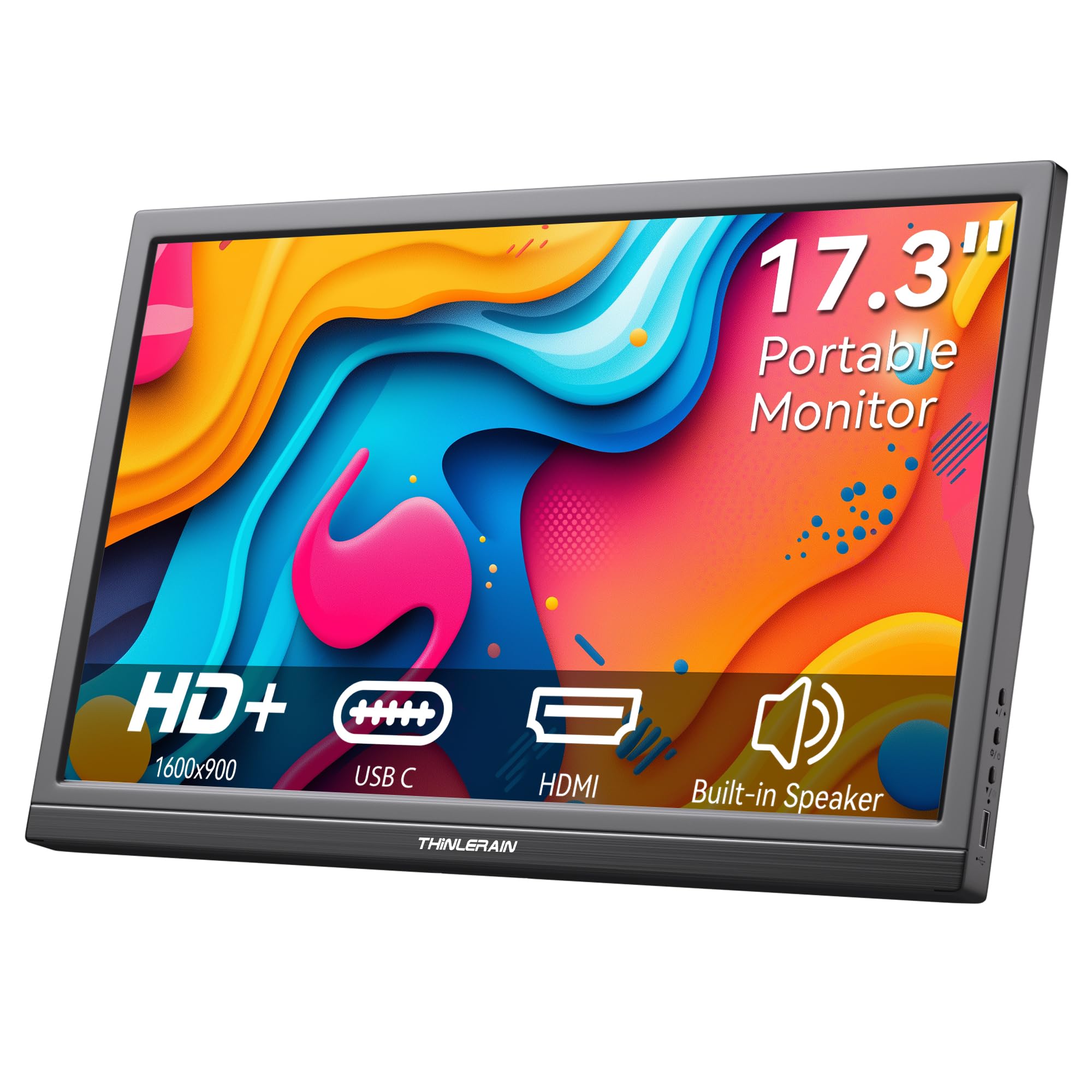 Thinlerian 17,3 Zoll Tragbar Monitor, 1600 x 900 HD Bildschirm mit USB-C und HDMI, Zwei Lautsprechern, als externes Display oder zweiter Bildschirm für Laptop, PC und Smartphone