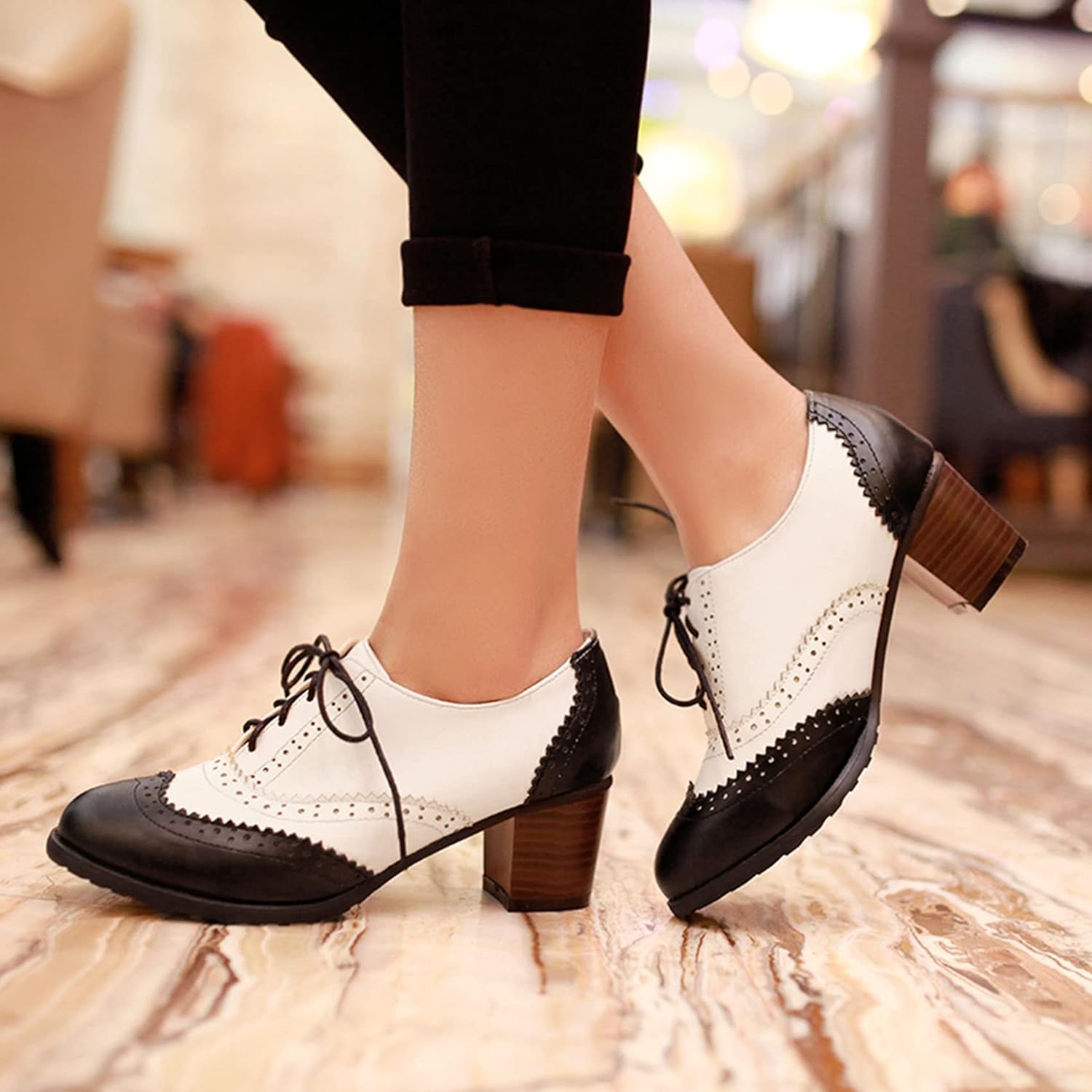 SHEMEE Women's Retro Wingtip Block Heel Lace Up Oxfords Stacked Chunky High Heels Pumps Vintage Round Toe Brogues Dress Shoes - Image 2