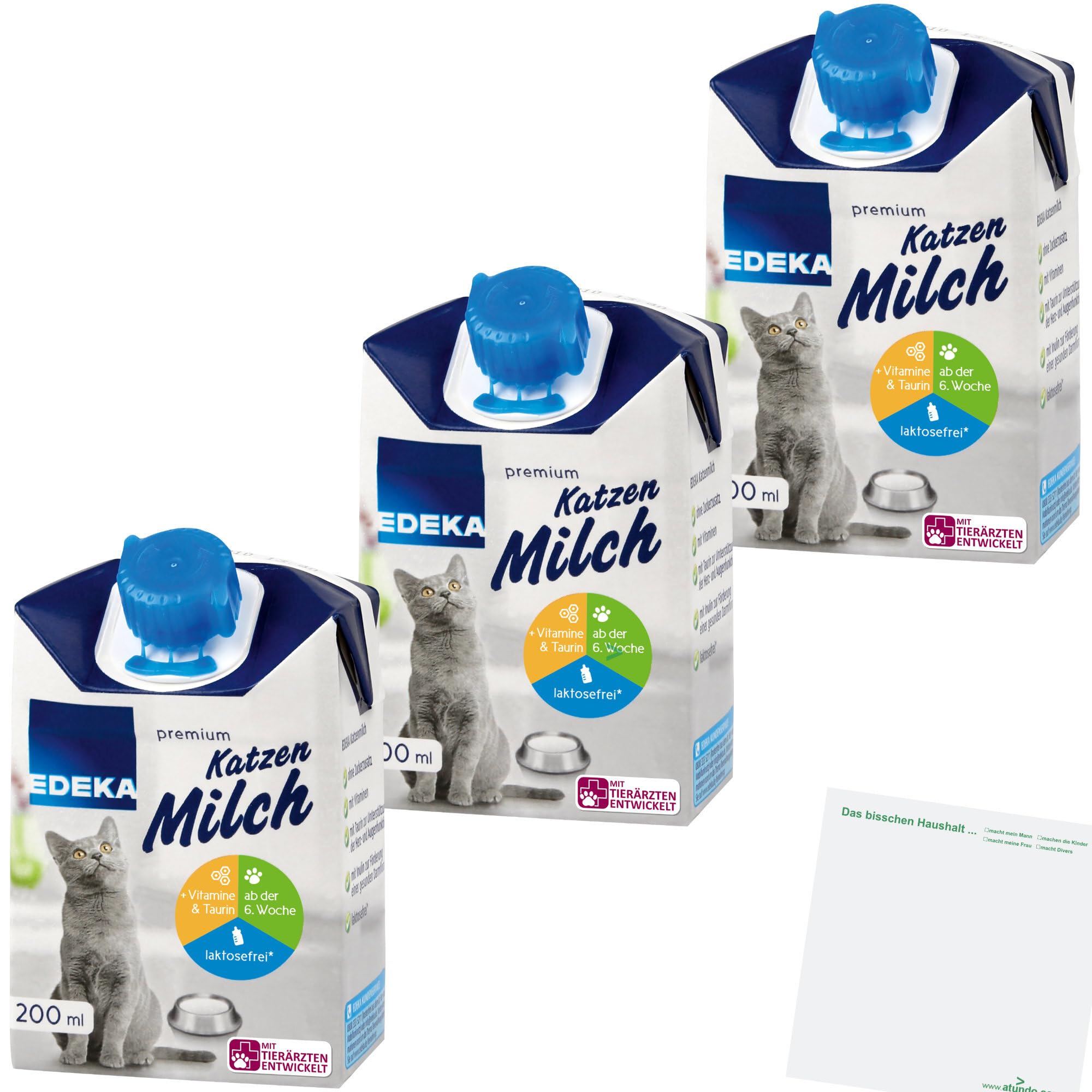 usy Bundle für Edeka Premium Katzenmilch laktosefrei mit Inulin, Vitaminen und Taurin ab der 6 Woche 3er Pack (3x200ml Packung) + usy Block
