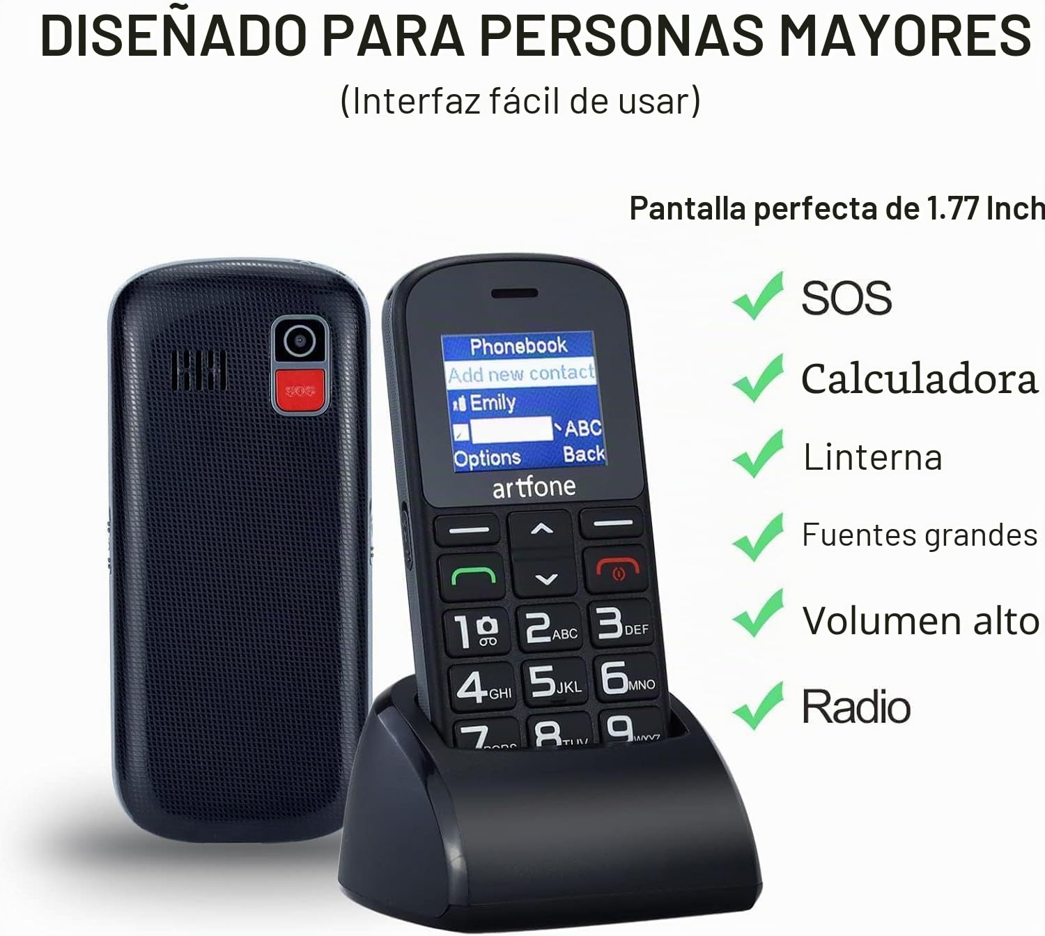artfone CS182 Negro - gsm Teléfono Móvil para Personas Mayores丨Senior Móviles de Teclas Grandes丨Base de Carga丨Doble SIM丨FM丨Llamada Rápida丨Botón SOS丨Volumen Alto丨Batería de 1800 mAh丨Bloqueo de Teclas
