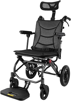 Lightweight Reclining Travel Wheelchair, Folding Reclining Transport Wheelchair for Seniors and Adult, with Adjustable Backrest & Headrest, 18.11inWidth Seat, Support 286lbs