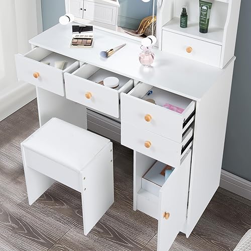 Miniatura 5 de Mesa de tocador grande con espejo y luces, escritorio de maquillaje con espejo deslizante, juego de tocador con cajones y taburete, estantes de