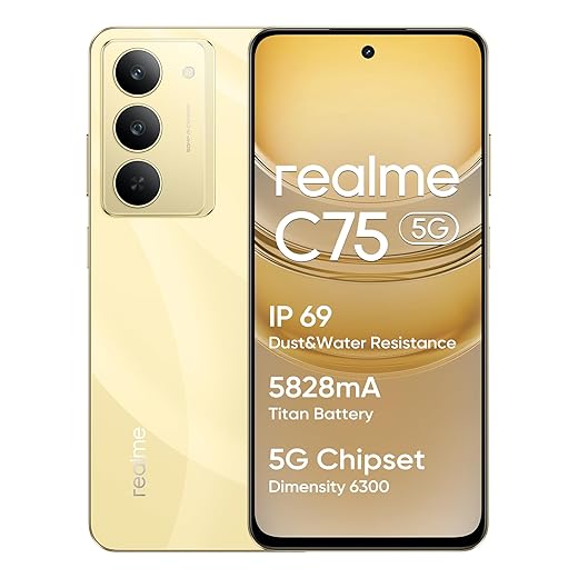 realme C75 5G Smartphone 8+256 GB, Batteria da 5828mAh, Ricarica rapida da 45W, Resistenza all'acqua e alla polvere IP69, Vetro ArmorShell™, Fotocamera ultra HD da 50MP, Gold