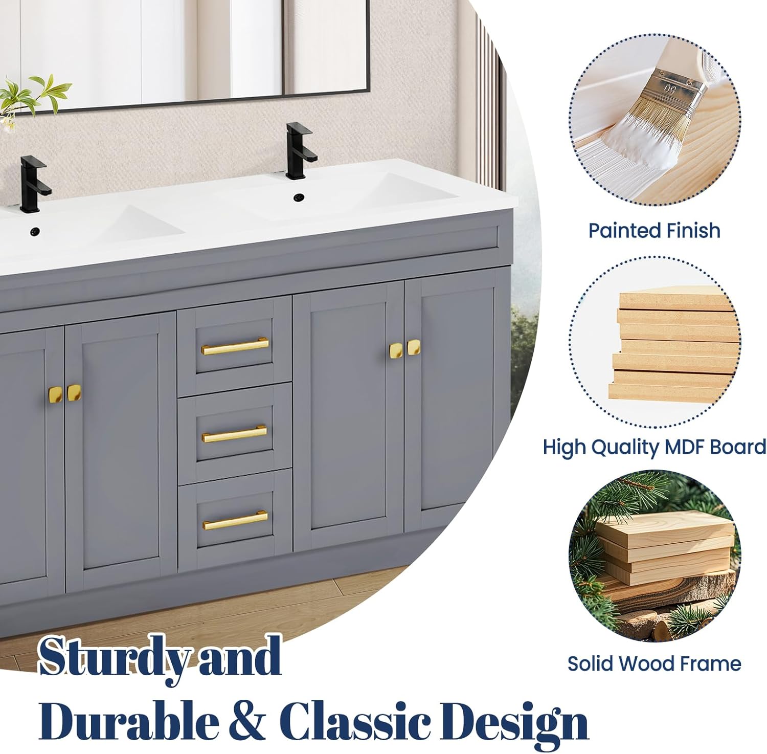 60" Bathroom Vanity Without Sink, Storage Design Freestanding Sink Cabinet, Quick Assemble Solid Wood Cabinet, with Metal Handles, 4 Soft Closing Doors | 3 Full Extention Drawers, Grey