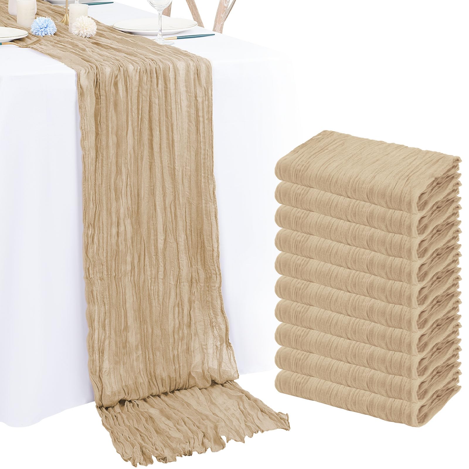 10 Pack Beige Cheesecloth Table Runner 10FT Boho Romantic Gauze Table Runner 20 x 120 Inch Rustic Sheer Runner for Wedding Party Bridal Shower