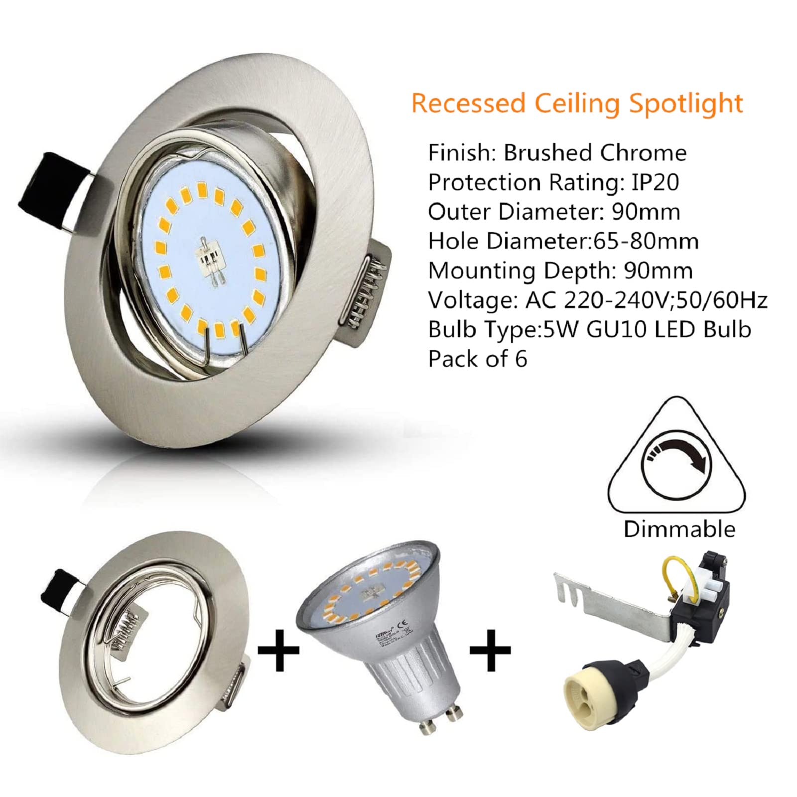 Allesgute 6X LED Einbaustrahler, Recessed, 5W, GU10, Warmweiß, 9 cm x 7-8 cm x 9 cm, Silber, Indoor, Modern, Abnehmbar, Dimmbar 0% - 100%