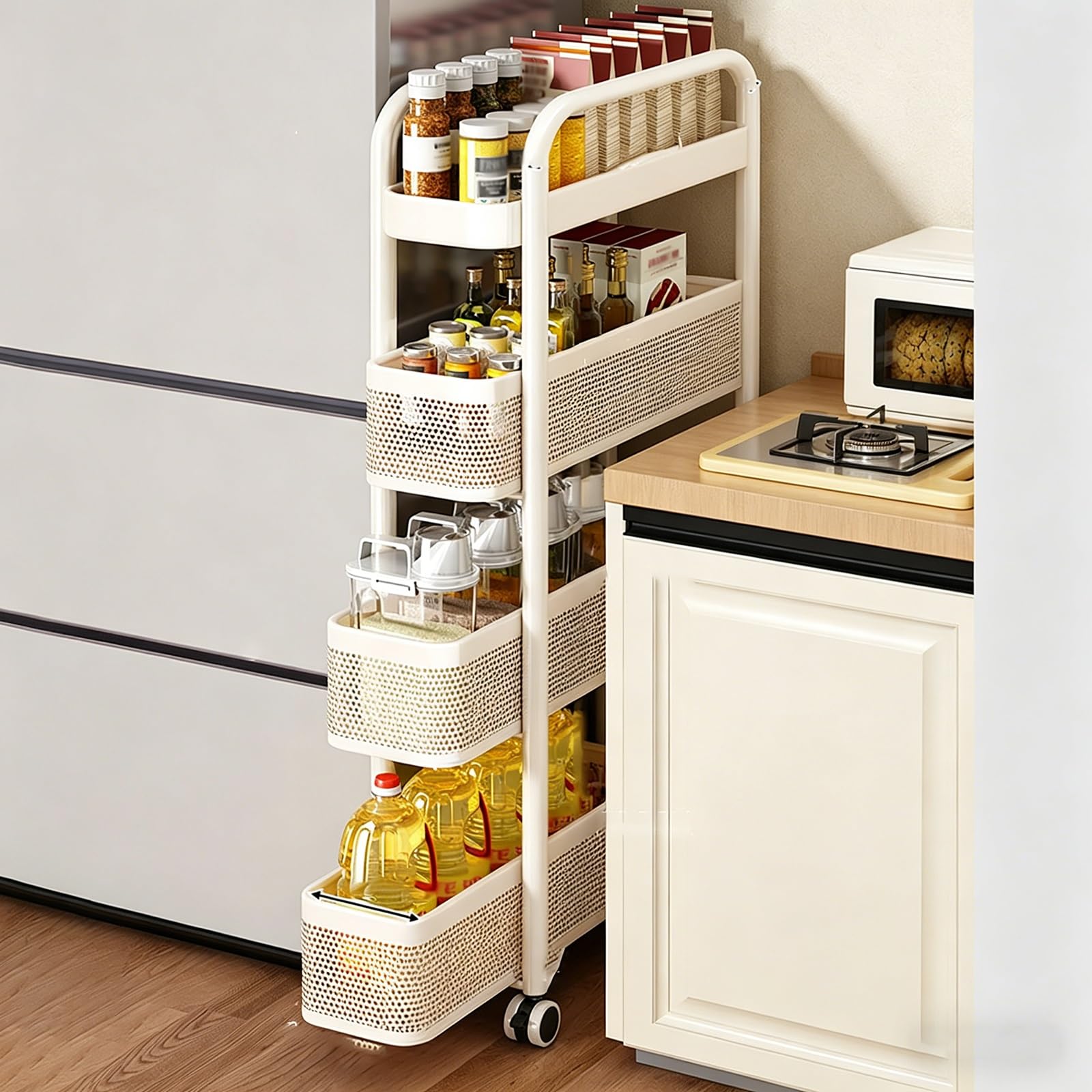 Carrito Estrecho con Ruedas, Organizador de Acero al Carbono para Cocina y Baño, Carro Auxiliar de Almacenaje Multiuso con Ruedas Bloqueables, Estantería Móvil(Wit,40x10x107cm)