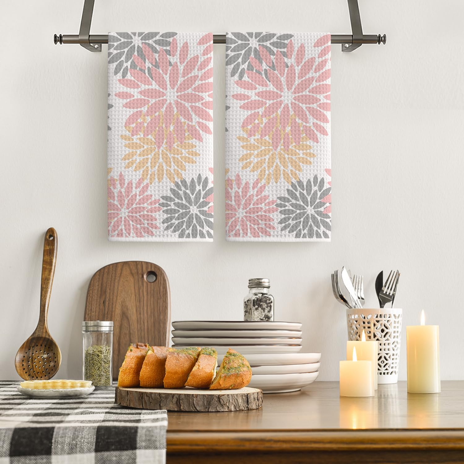 Artoid Mode Pink Dahlia Floral Kitchen Towels Dish Towels, 18x26 Inch Quick Dry Microfiber Cloth Hand Towels for Kitchen Drying Set of 2 - Image 2
