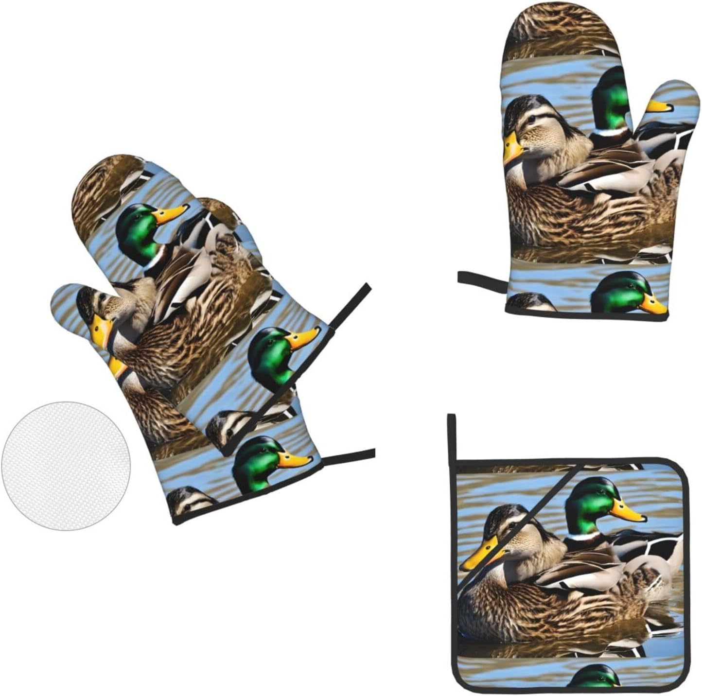 (Mallard Duck) Baking 4-Piece Set: 2 Oven Mitts and 2 Pot Holders Heat Resistant Waterproof Hanging Loop for Kitchen Oven Grill Housewarming Gifts