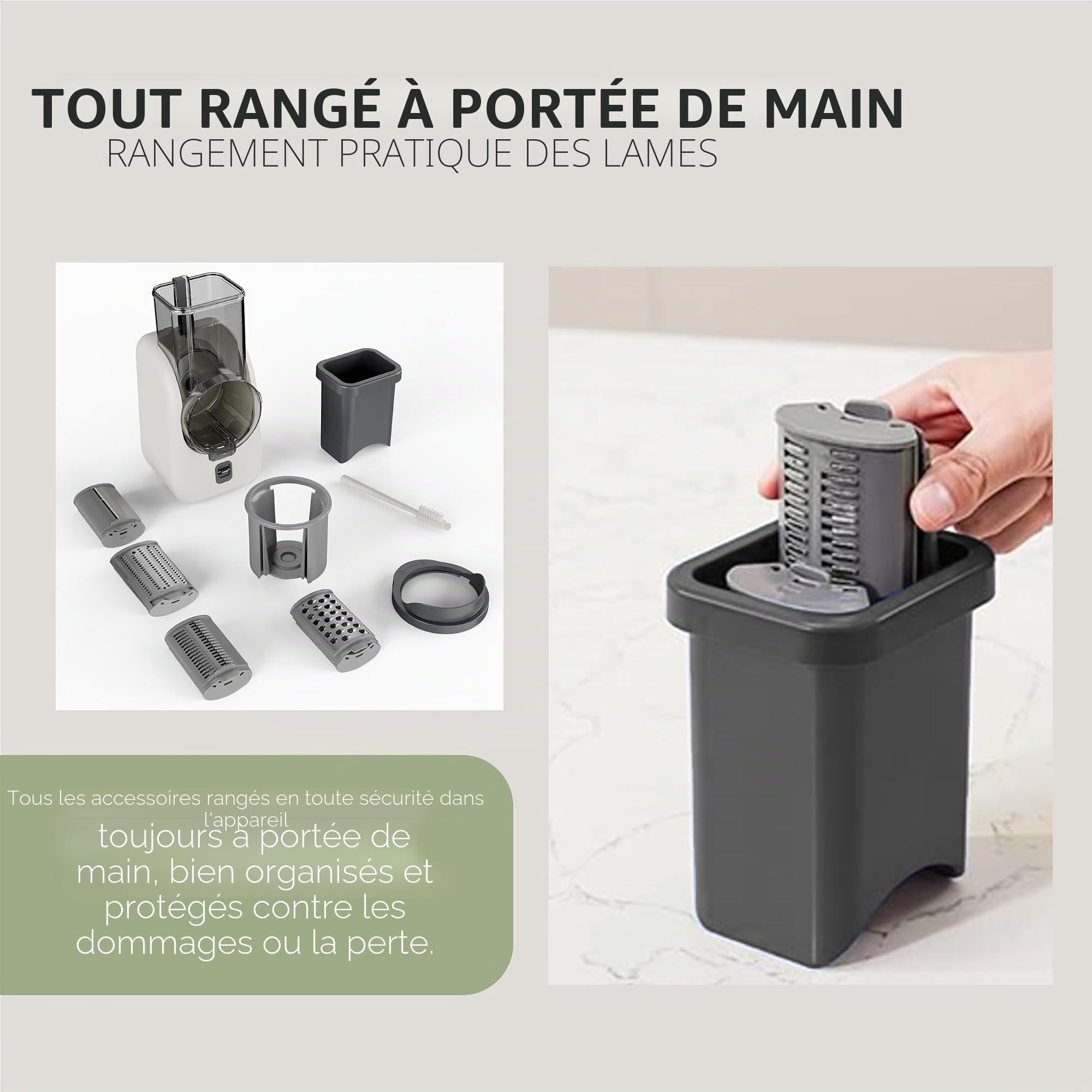 Silva Schneider SKR 800 Râpe électrique de cuisine, 80 W, 4 inserts de coupe, lames rotatives en acier inoxydable, design sûr, sans contact, nettoyage facile, blanc/gris foncé