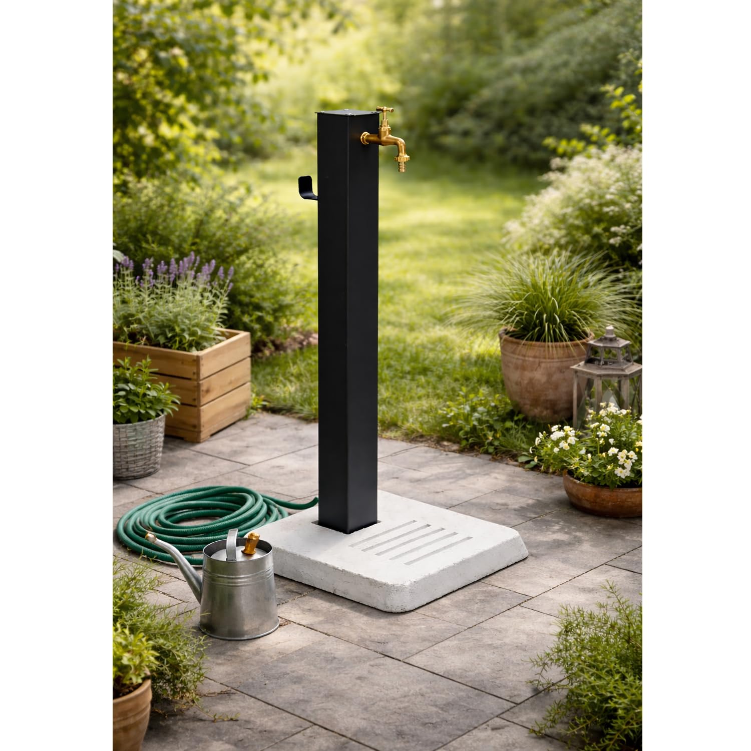 Fontana da Giardino Antracite con Base in Cemento, Fontana da Esterno in Acciaio Verniciato, Rubinetto in Ottone con Tubo Flessibile e Raccordo e portatubo, Fontanella per Esterni Made in Italy