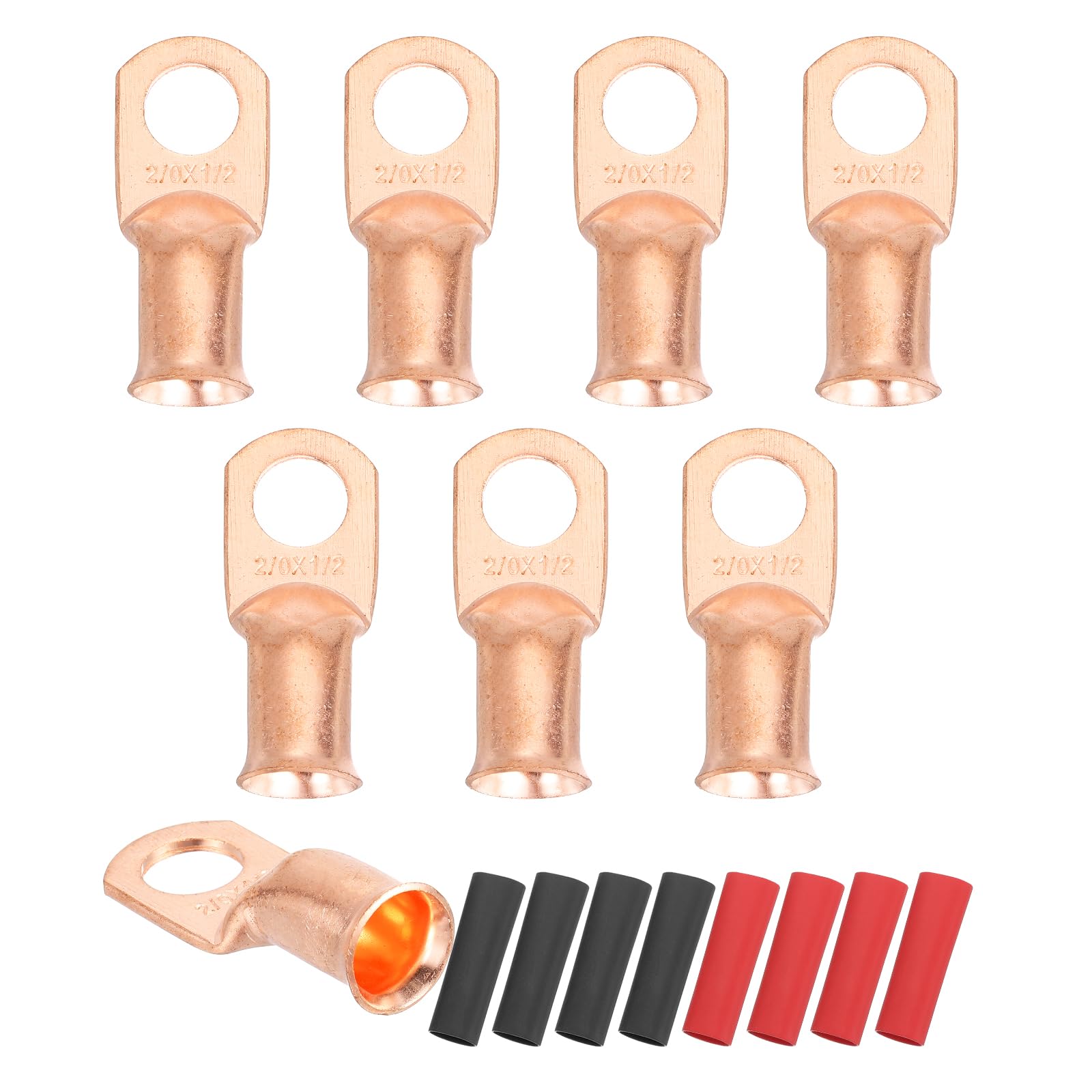 sourcing map 8pcs 2/0 AWG M12 Battery Lugs Ring Terminals, 1/2" 12mm Stud Crimp Wire Terminal Connector End Copper, 2:1 Heat Shrink Tubing, Gold
