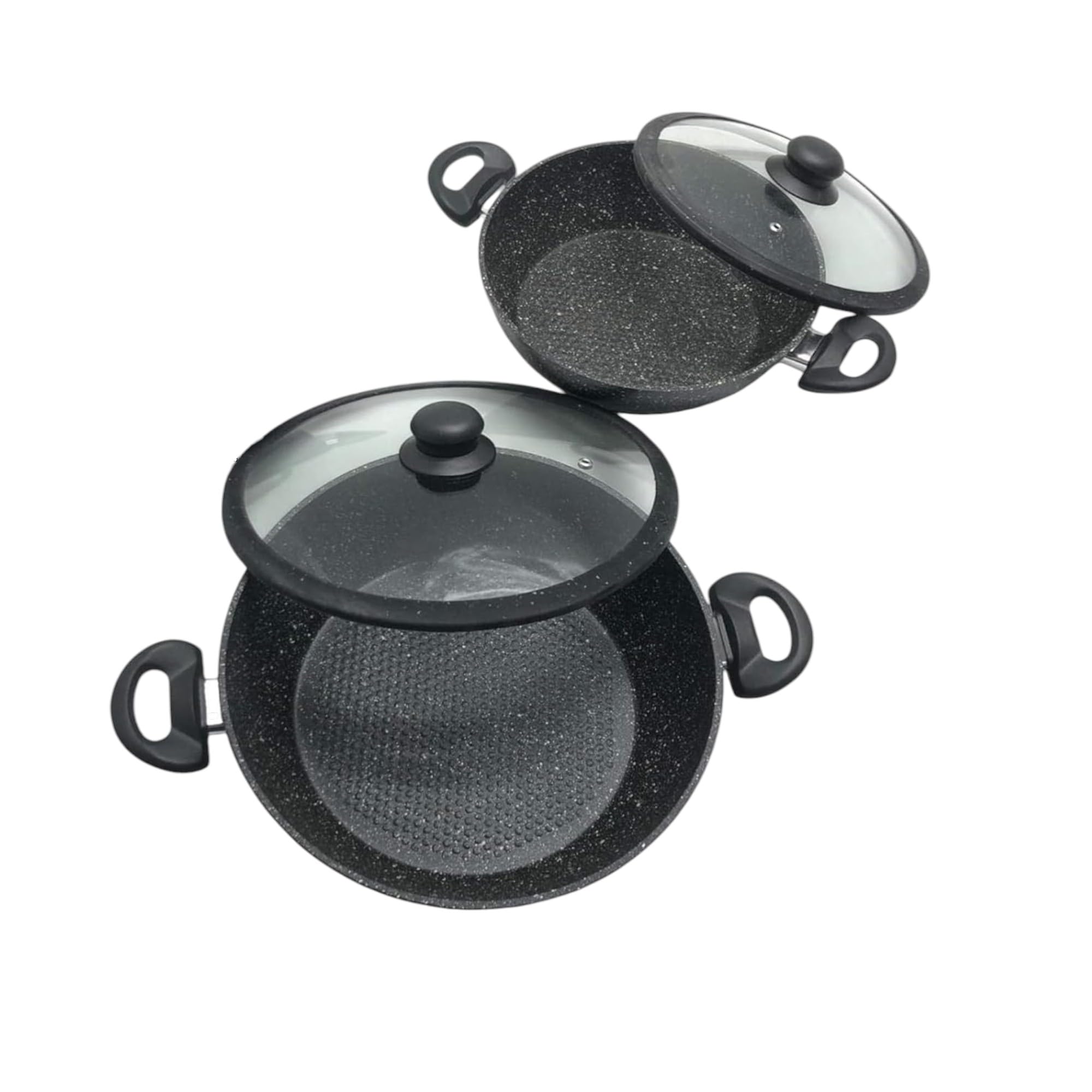 KORAT Set Tegami 10 pz con Coperchi in Vetro + Bistecchiera 26 cm, Fondo in Pietra Antiaderente, Piano Induzione e Gas, Padella per Cucinare, Cucina, Frittura, Fondo 24 e 28 h. 6cm + 5 Mestoli omaggio