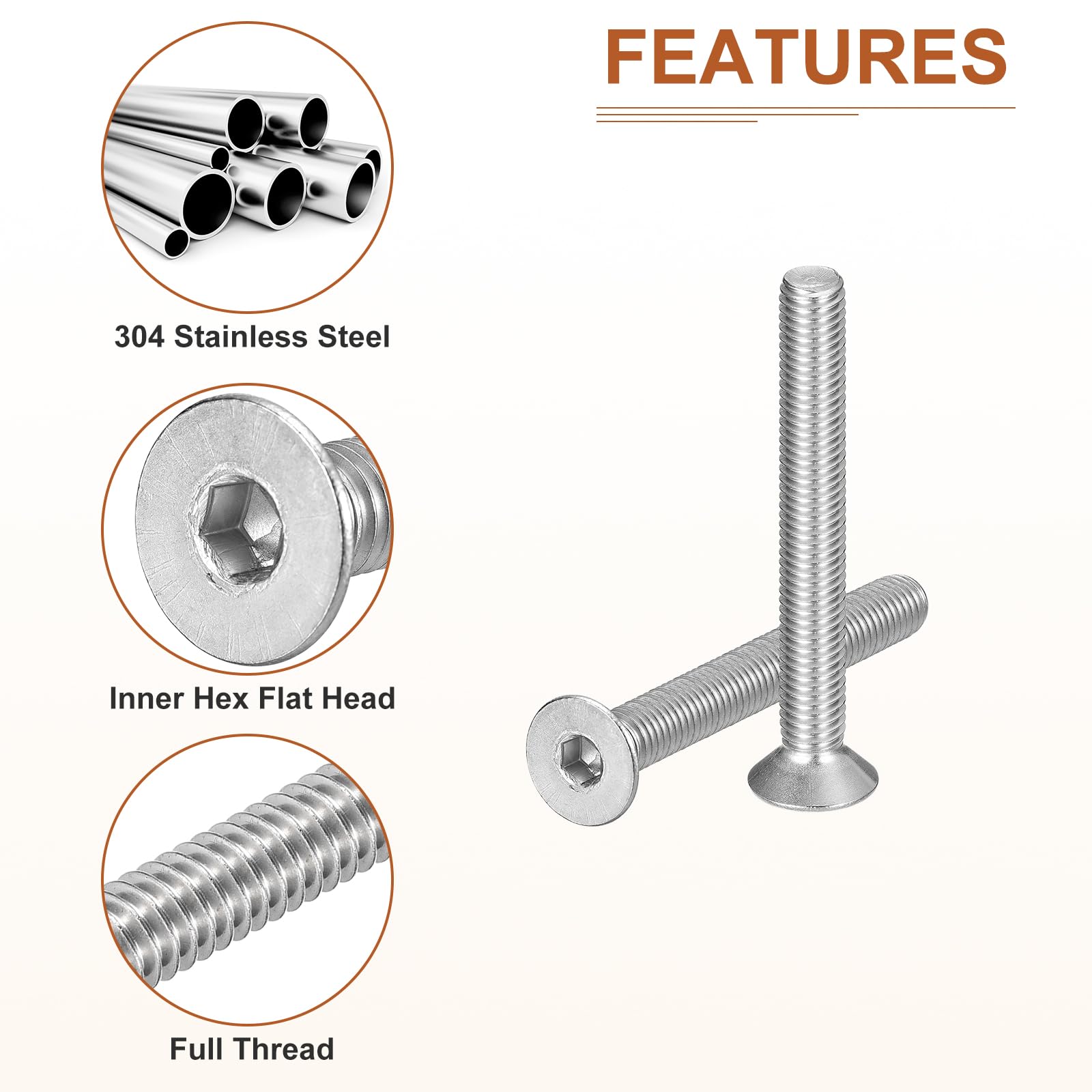 DTGN M8-1.25 x 65mm Flat Head Socket Cap Screws, 10 Pack 304 Stainless Steel Hex Socket Flat Head Screws, Full Thread - Image 4
