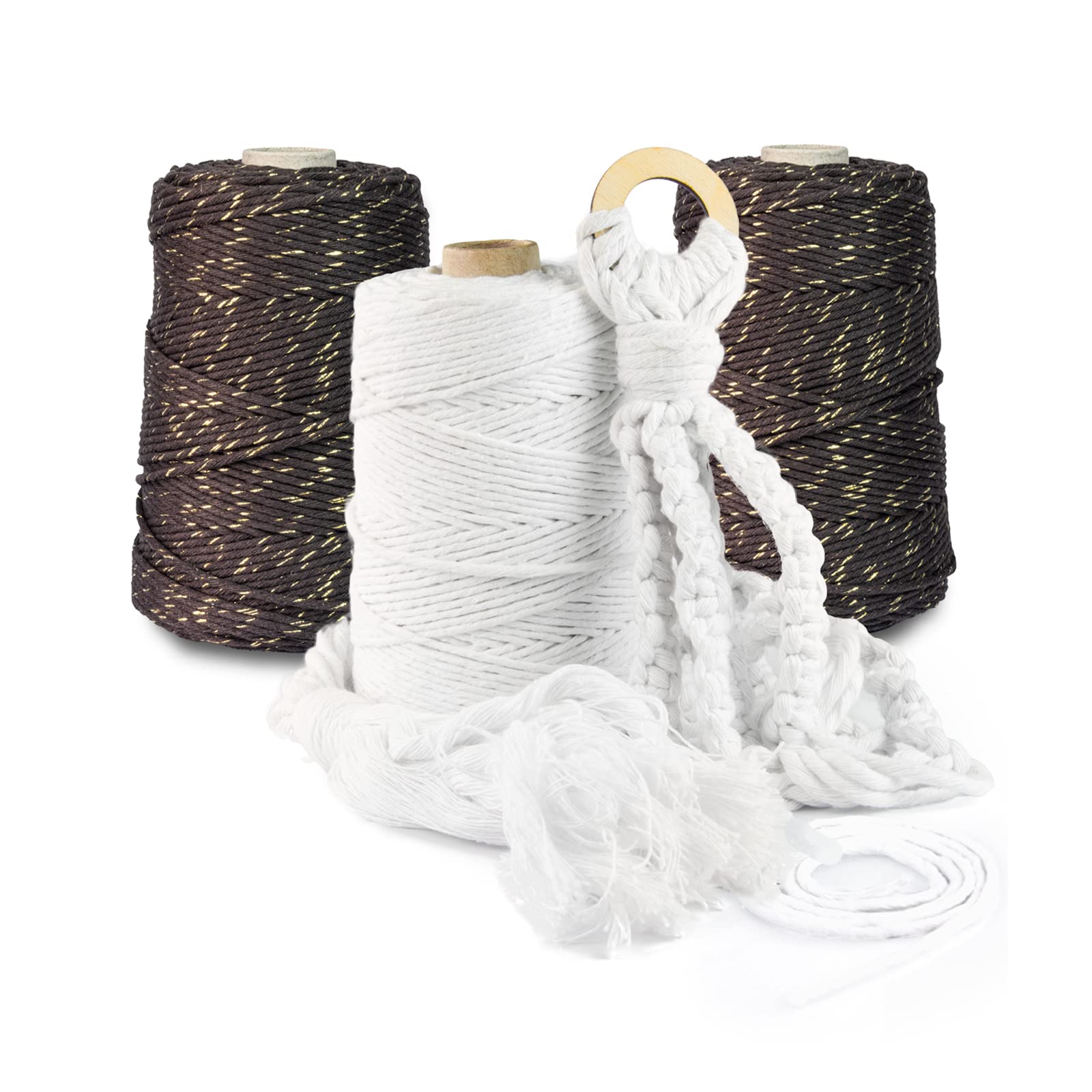 Filato Makramee, 1000 m, 3 mm, marrone con filo dorato, 100% cotone, corda naturale, filo di cotone di cotone, per decorazioni fai da te