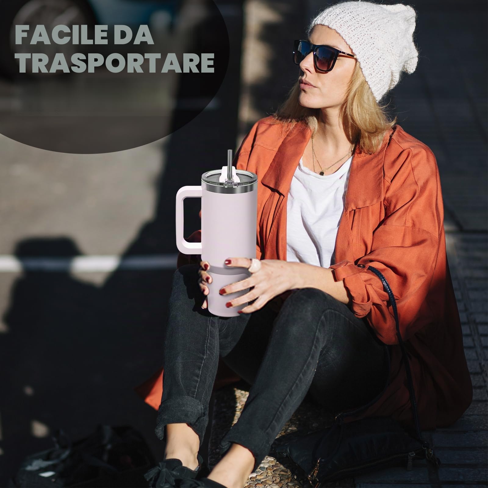 WATERSY 1.2L Bicchiere Termico con Manico, 40 oz Grande Tazza Termica in Acciaio Inox, Tazza da Caffè con Cannuccia, Thermos per Acqua Doppia Parete, per Palestra, Auto e Viaggio (Rosa Chiaro)