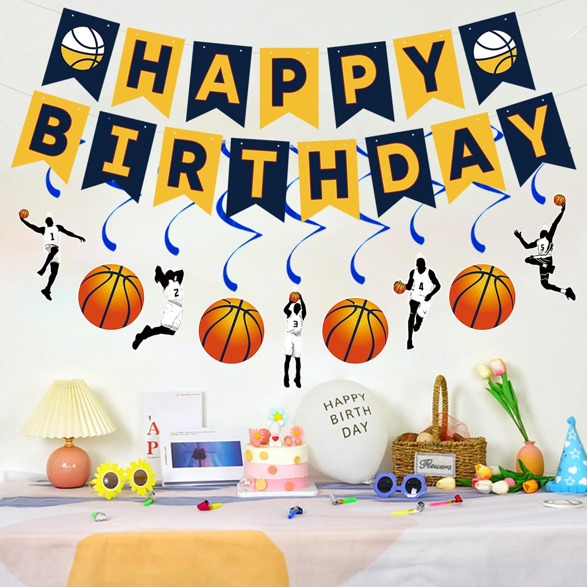 Juego de decoraciones de fiesta de cumpleaños de baloncesto para niños, pancarta de feliz cumpleaños, remolinos colgantes para niños y hombres, juego de baloncesto, tema deportivo, baby shower, fiesta