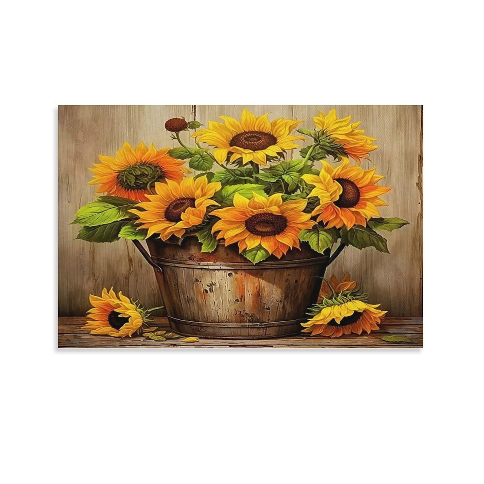 CPLVKWRQJ Starry Night Over Sunflowers 1 Piece Metal Bucket Full of Bright Sunflowers Wall Artwork - Bedroom Canvas Painting Space Transformer Easy to Clean Decor 20x30inch(50x75cm)