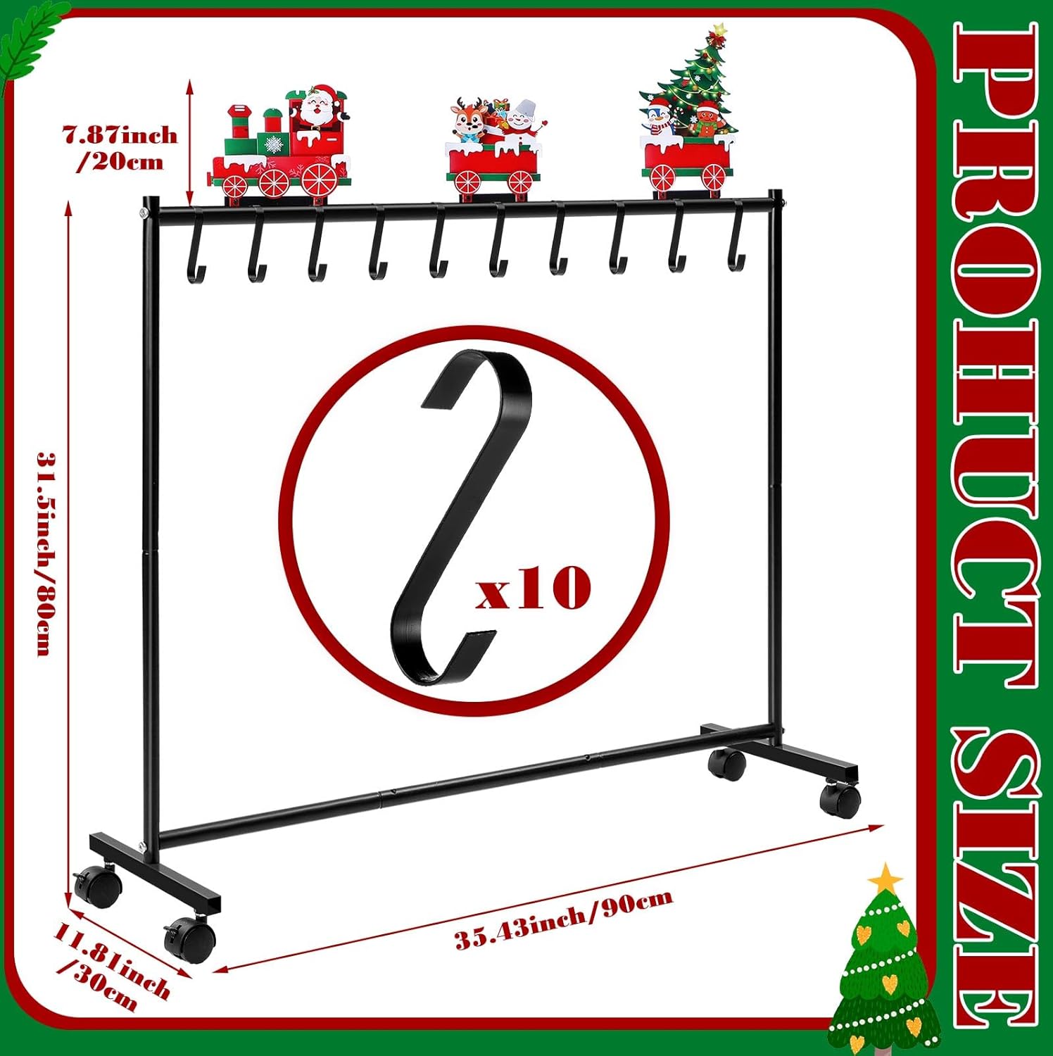 35 x 31 Inches Christmas Stocking Holder Stand with 10 Hook Metal Heavy Duty Free Standing Christmas Stocking Rack Stand with Wheels Merry Christmas Stocking Decorations Living Room