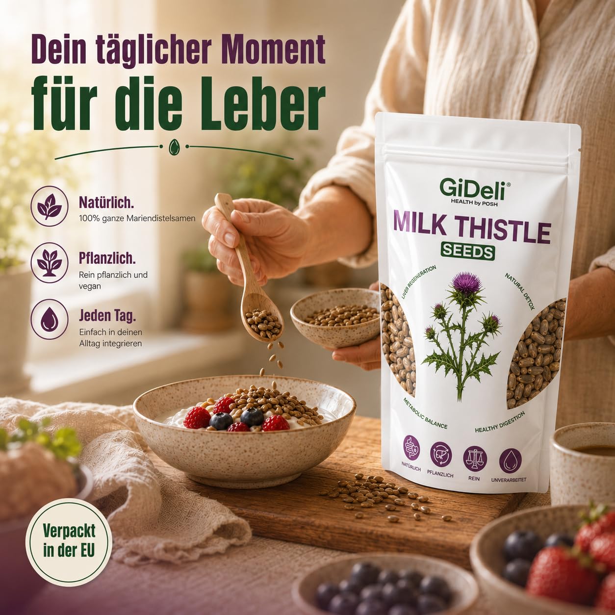 GiDeli Semillas de cardo mariano 4 x 5 kg – 100% semillas enteras sin aditivos para la dieta diaria – Contenido natural de silimarina – Ideal para yogur, cereales, batidos y ensaladas – Origen