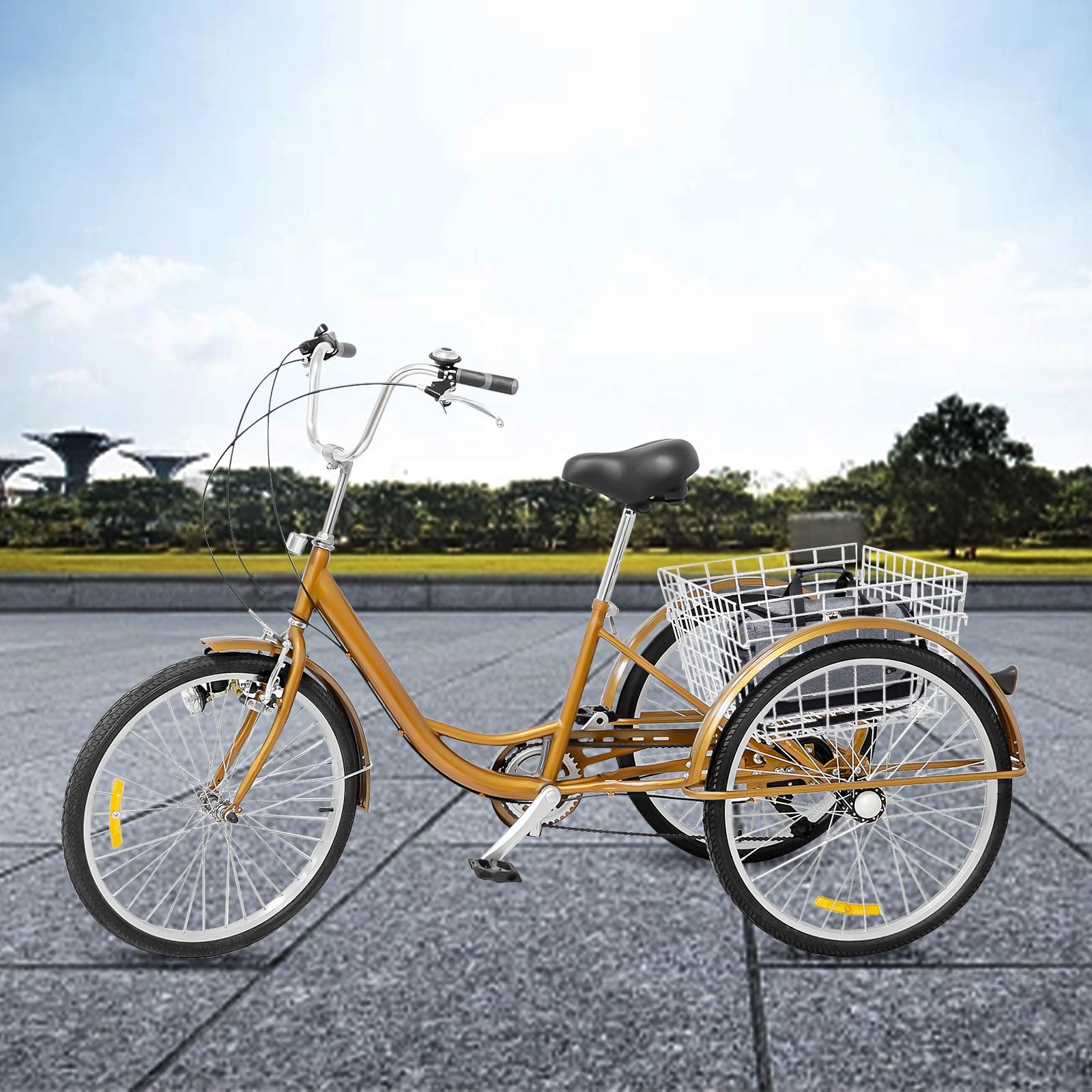 Tricycle de 24 pouces pour adultes, 6 vitesses avec lumière et panier à provisions, tricycle pour adultes seniors, croisière, pour les loisirs, le shopping, les pique-niques, les voyages