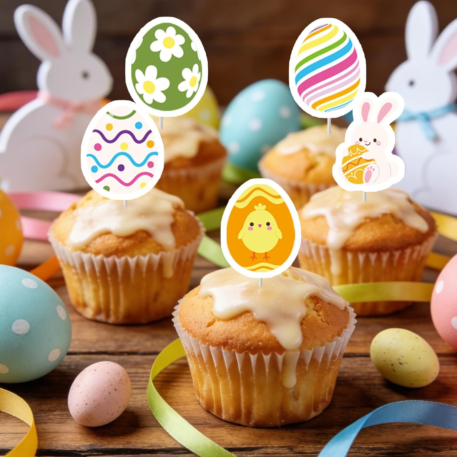 36Pcs Easter Egg Cupcake Toppers Rabbit Easter Party Decorations Spring Floral Theme Party Cupcake Picks Decor Supplies