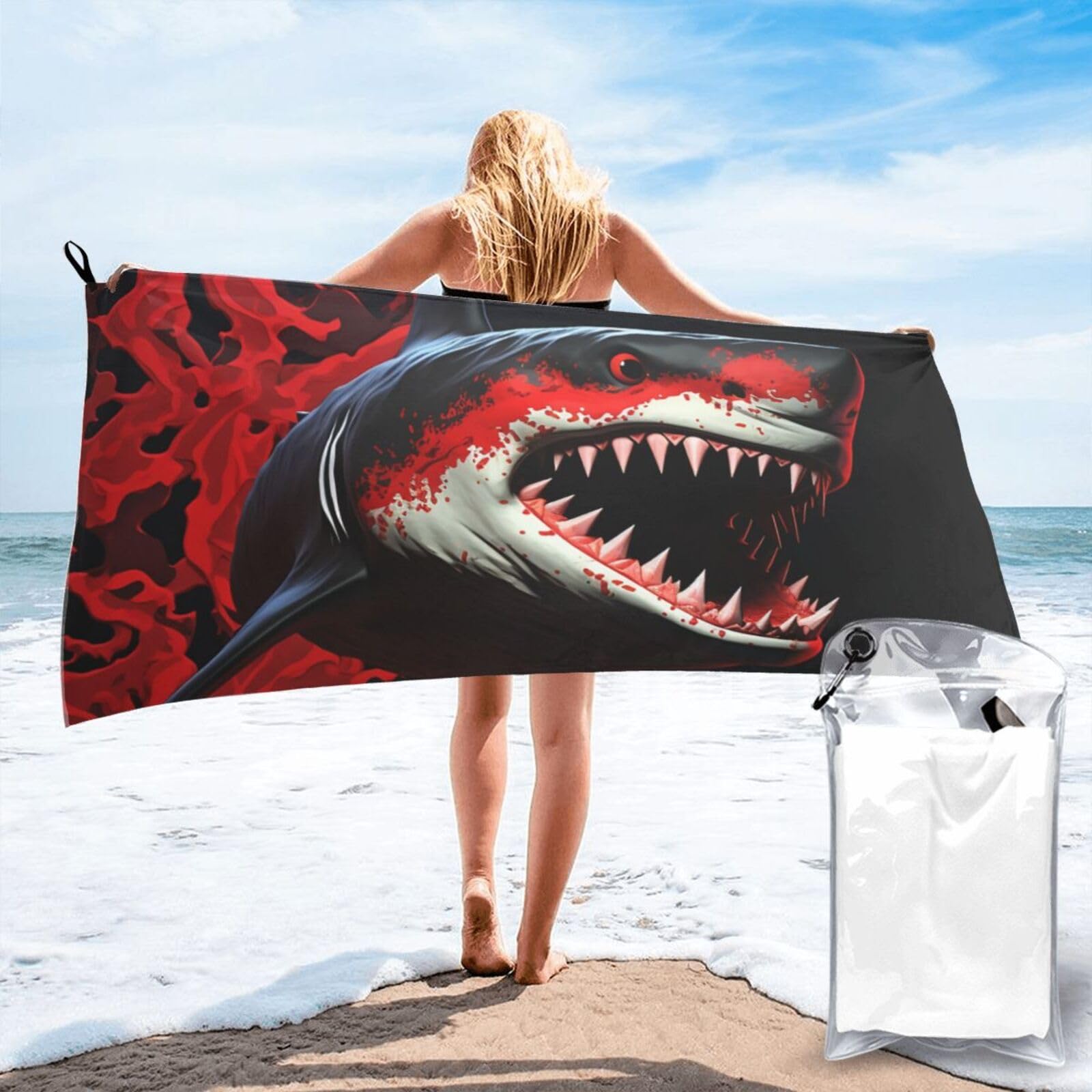 DWVTSLH Microfiber Sand Free Beach Towel 27.5"x55", Quick Dry Absorbent Travel Towel Large Camping Blanket, red-Black Shark Bath Towels Lightweight Pool Swim Towels for Vacation Essentials