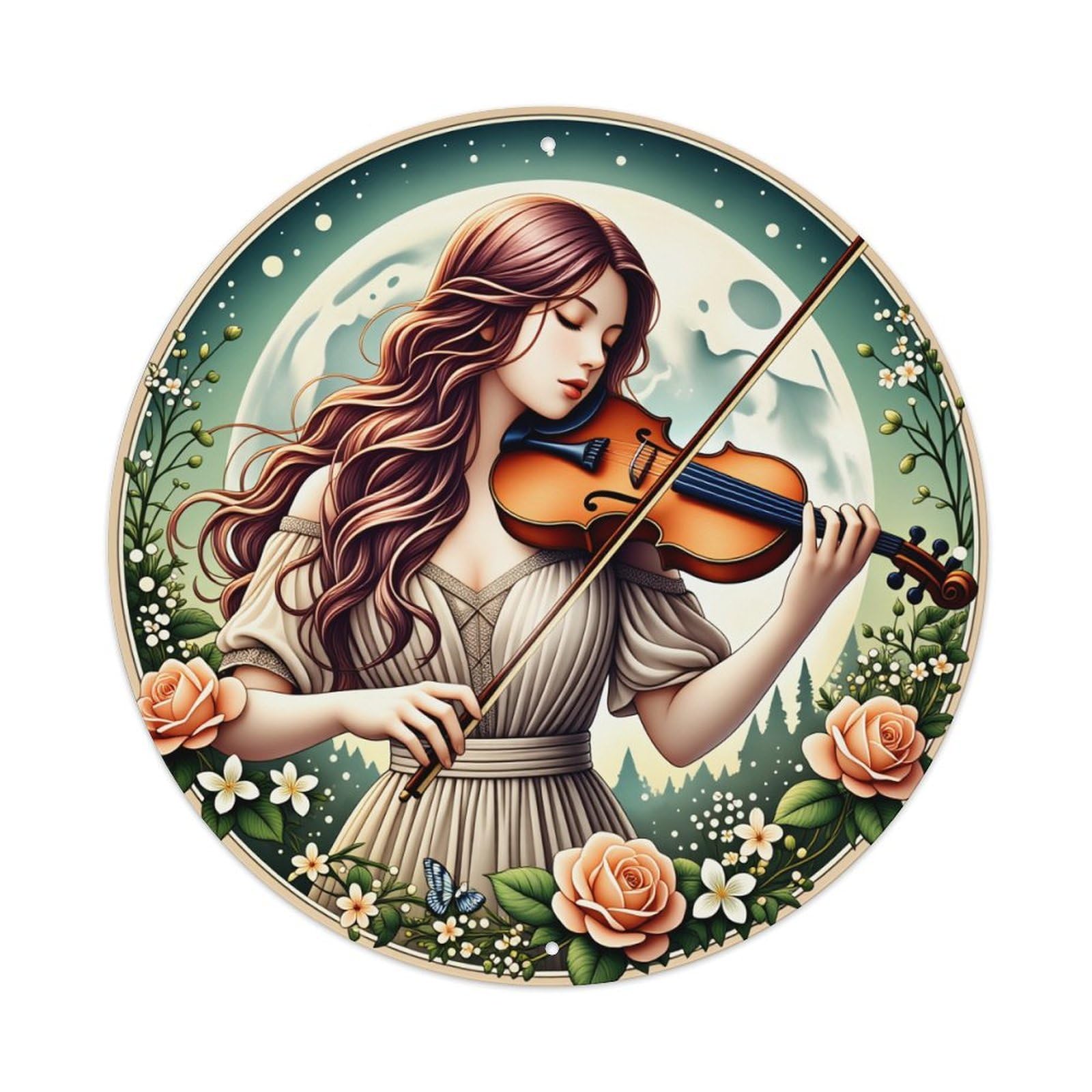 Moonlight Violinist Floral Metal Tin Sign Vintage Garden Bedroom Cafe Bar Man Cave Home Wall Decor Metal Poster 8x8 inches
