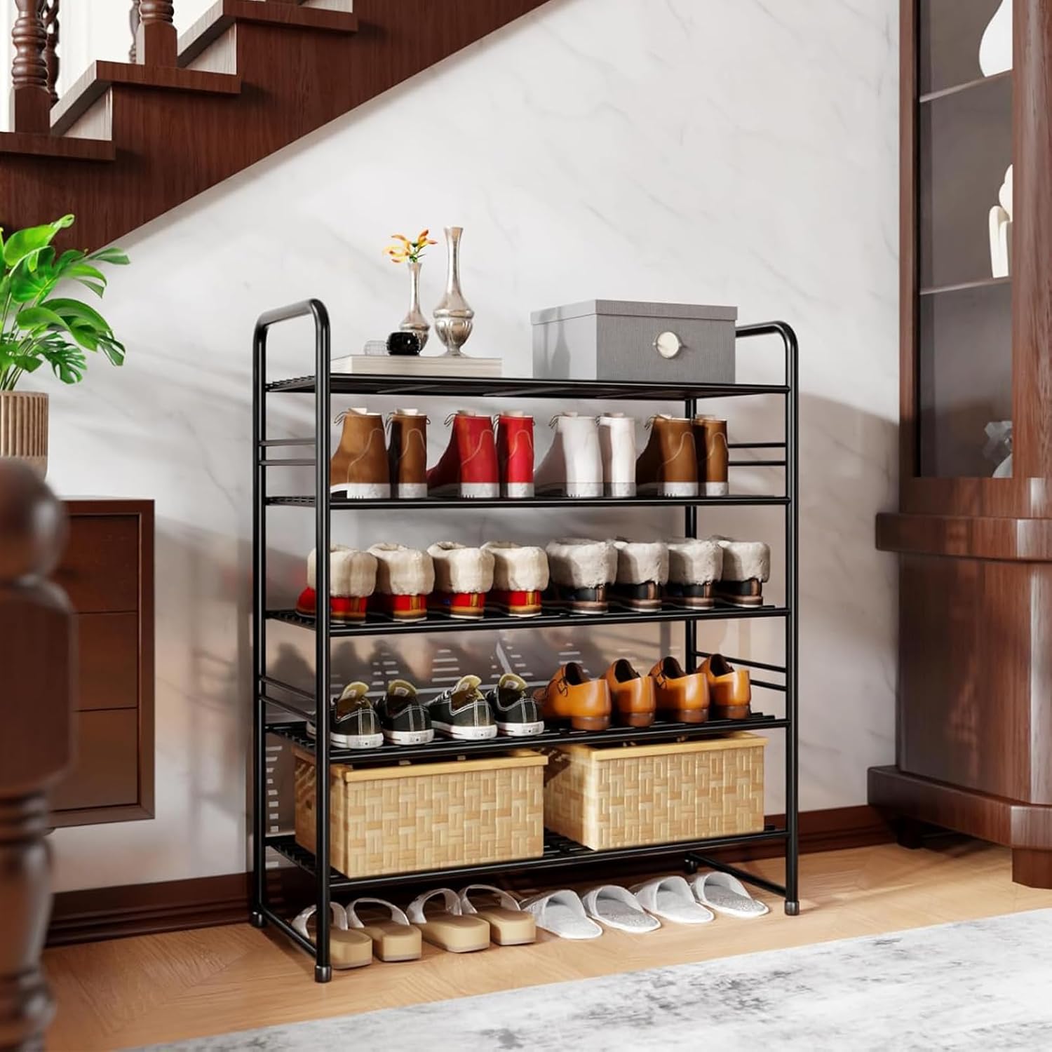 Shoe Rack Stackable, 5 Tier All Metal Free Standing Shoe Storage for Garage, Heavy Duty & Adjustable, Black