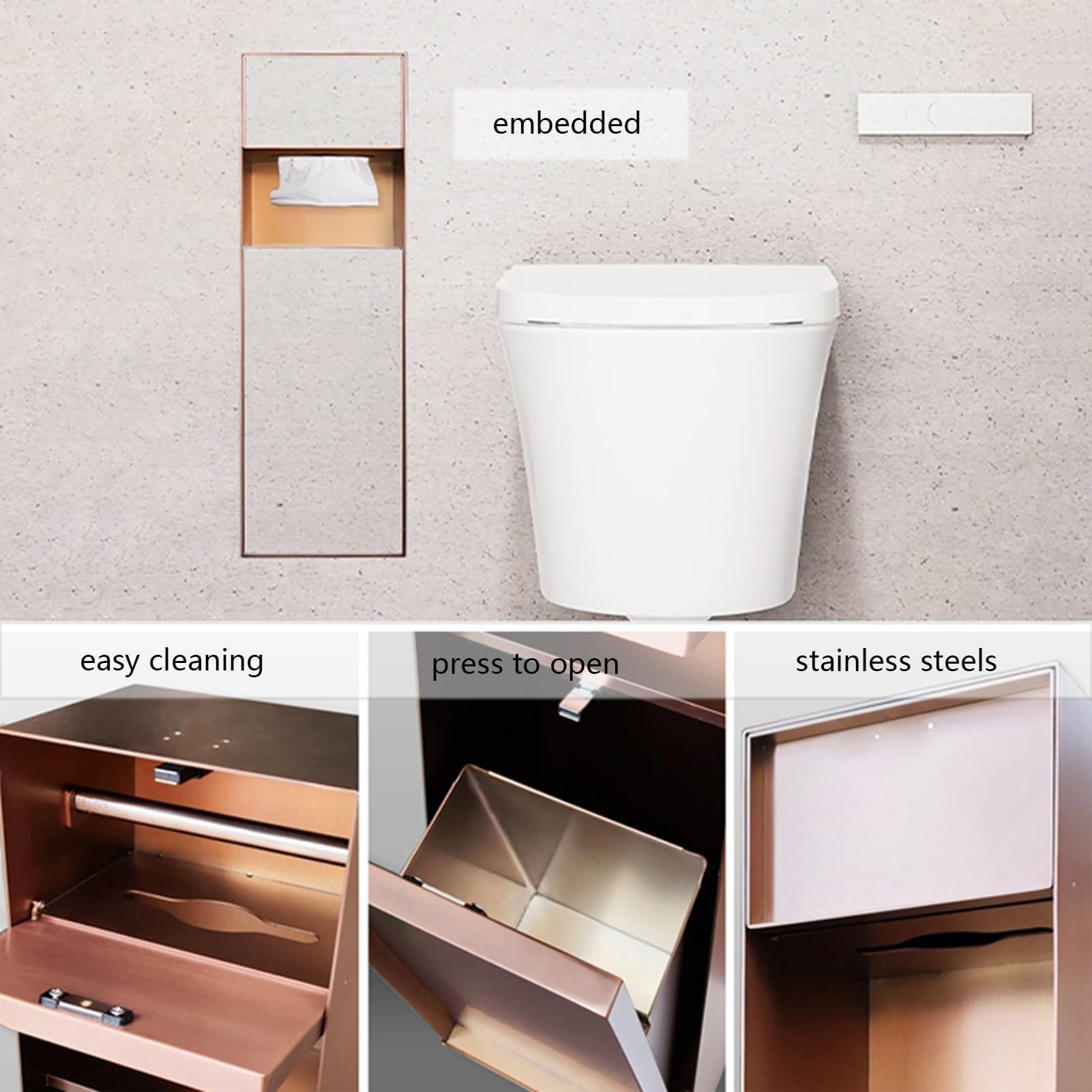 Generisch Edelstahl-Badezimmernische mit eingelassenem Toilettenpapier- und Bürstenhalter, stilvolle Aufbewahrungslösung für öffentliche Toiletten und Duschen, modernes schwarzes Design