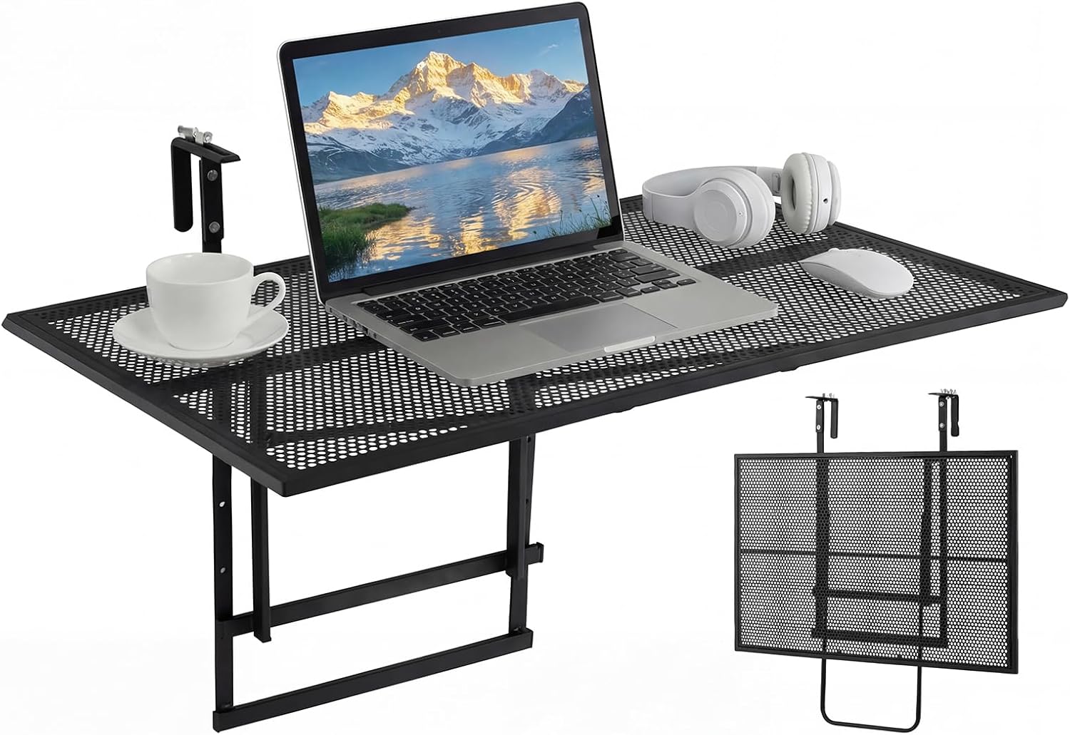 Giantex Balcony Railing Table, 31.5" Large Metal Folding Bar Table with 5-Position Adjustable Height, Heavy Duty Outdoor Hanging Breakfast Table Adapts Various Railings for Porch, Patio, Deck, Black