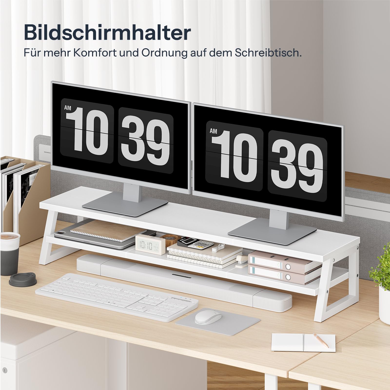 HOOBRO 2-stufiger Monitorständer Holzfür 2 Monitore, 100 x 24 x 19,5 cm, Dual Monitor Ständer, Bildschirmerhöhung, Monitor Erhöhung, Schreibtischregal für Büro und Heimarbeit,Weiß EWW122CJ01