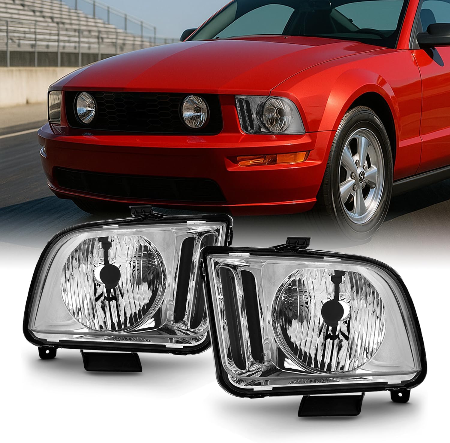 AKKON - For 2005-2009 Ford Mustang Halogen Model Chrome Clear Lens Headlight Lamp Replacment L+R