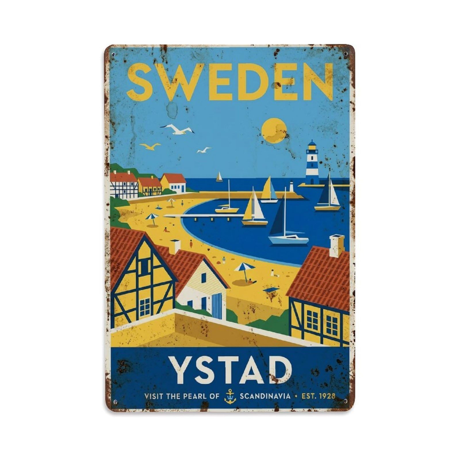 Vintage Travel Ystad Sweden Seaside Metal Tin Sign