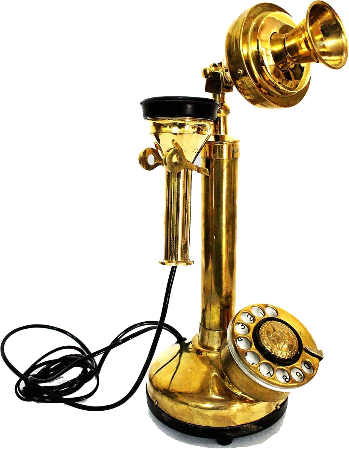 Brass Candlestick Rotary Dial Telephone - Vintage Old Style Phone with Antique Finish, Electronic Corded Replica