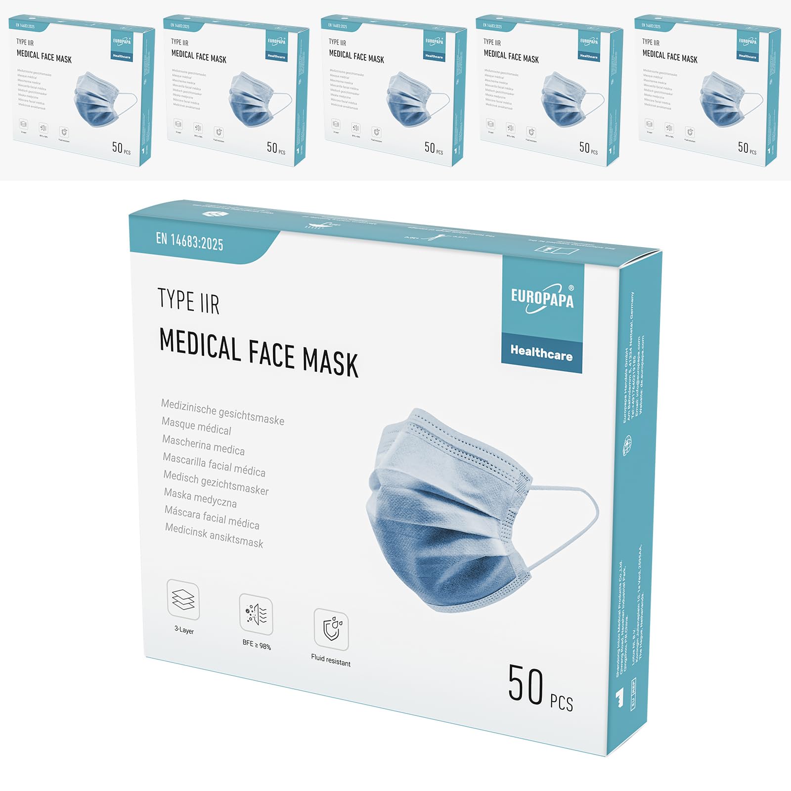 EUROPAPA® Blau Medizinisch Type IIR Norm EN14683 TÜV CE zertifizierte Mundschutzmasken OP Masken 3-lagig Mundschutz Gesichtsmaske Einwegmaske BFE ≥ 98%, 5 Boxen (250 Stück)