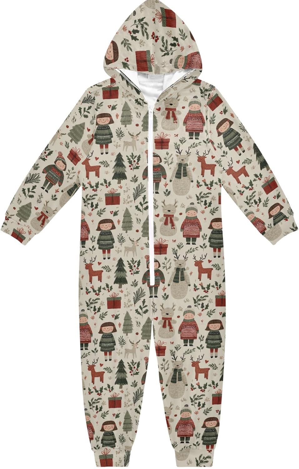 Unisex Pajama Soft Warm Hooded One-Piecing Loungewear Sleepwear for Christmas Home 4-14Y