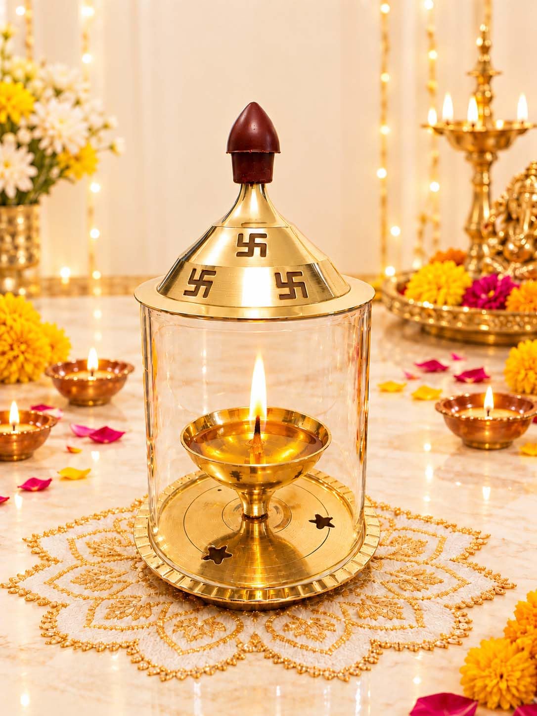 Heaven Decor Brass and Glass akhand deep Diya with Cover for Puja | Deepam Jyot Diya Oil Lamp | Pooja Articles and Pooja Items for Home Temple 4.8 inch-image-9