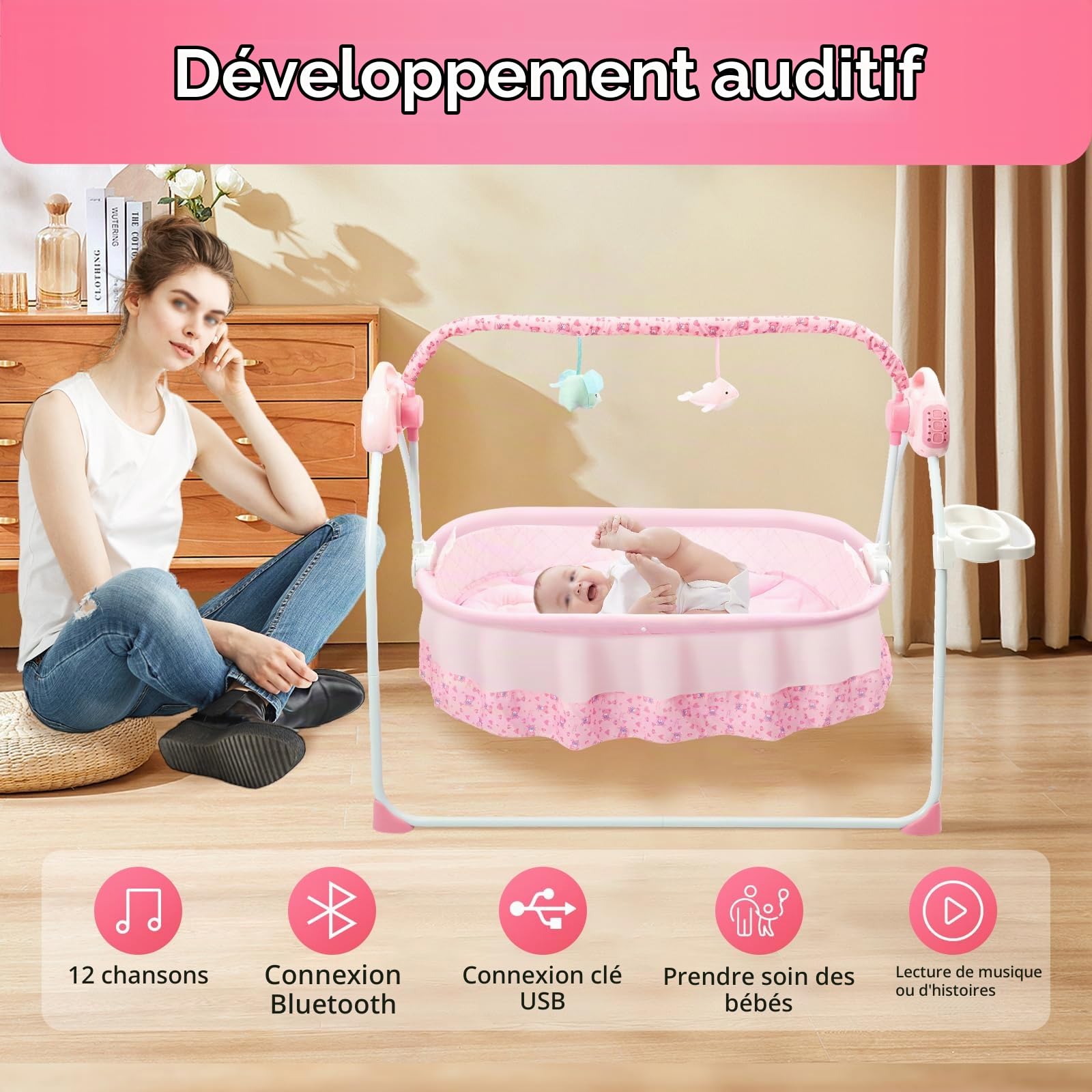 Balançoire électrique pour bébé de 0 à 18 mois - Balançoire pour bébé et transat avec 5 réglages de vitesse et 12 musiques intégrées