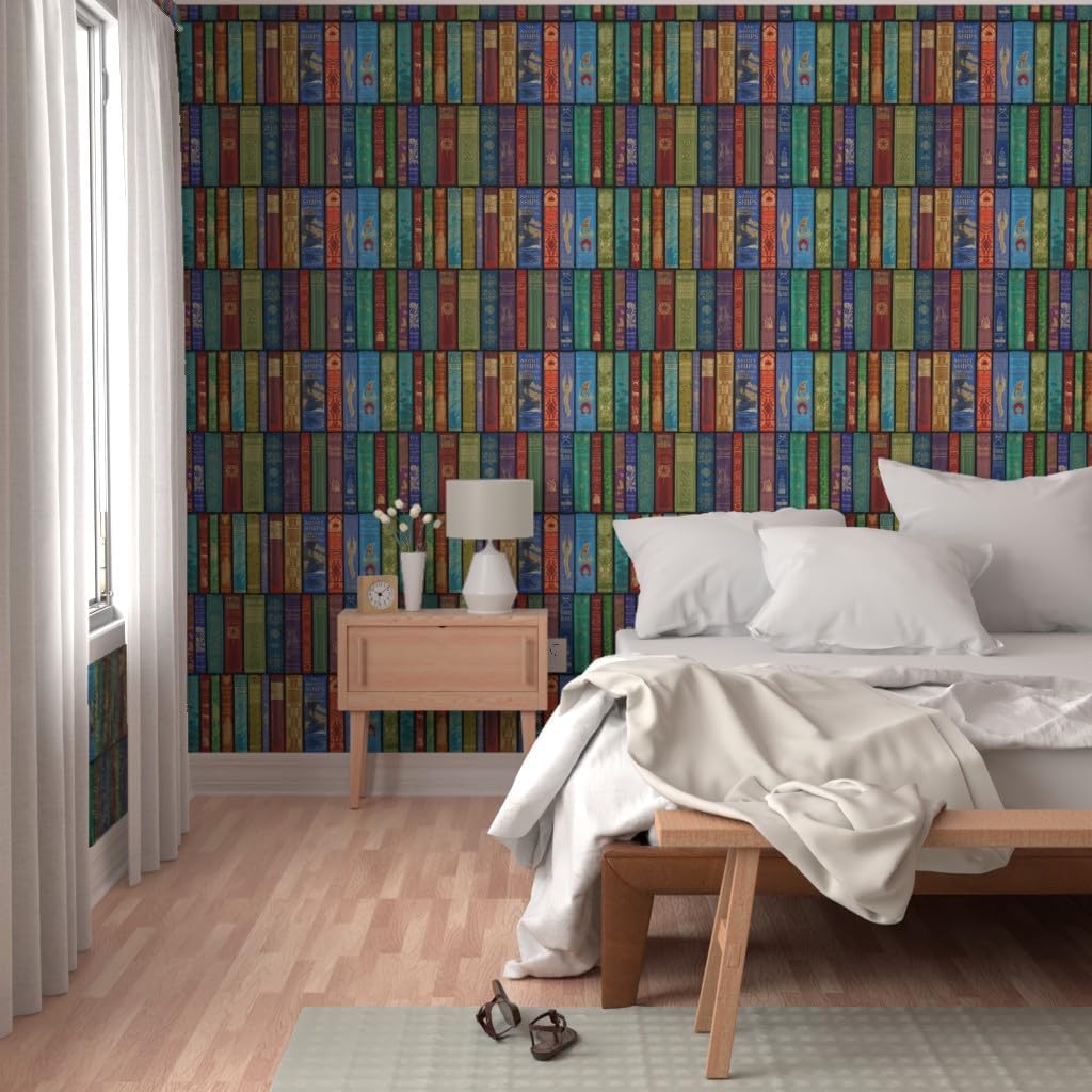 Removable Wallpaper 3ft x 2ft - Library Bright Books Shelves Antique Vintage English Rainbow Custom Pre-Pasted Wallpaper by Spoonflower