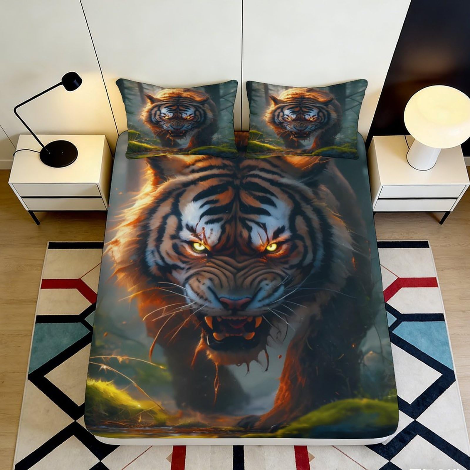 3D Printed Fierce Tiger Jungle Fitted Sheet Microfiber Anti-Slip Bed Cover for Bedroom Guest Room Dorm Mattress Protection 140x200x25cm
