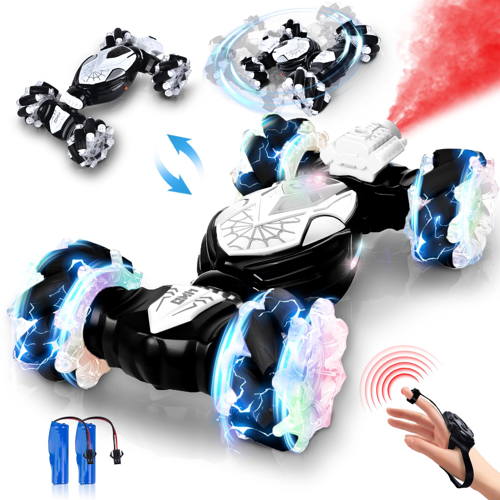 FORMIZON Coche Teledirigido con la Mano, RC Stunt Car con Sensor de Gestos para Niños, 2,4 GHz 4WD 360 ° Coche Acrobático RC con Música y Luz, Regalo para Niños de 4 5 6 7 8 9 Años (Blanco y Negro)
