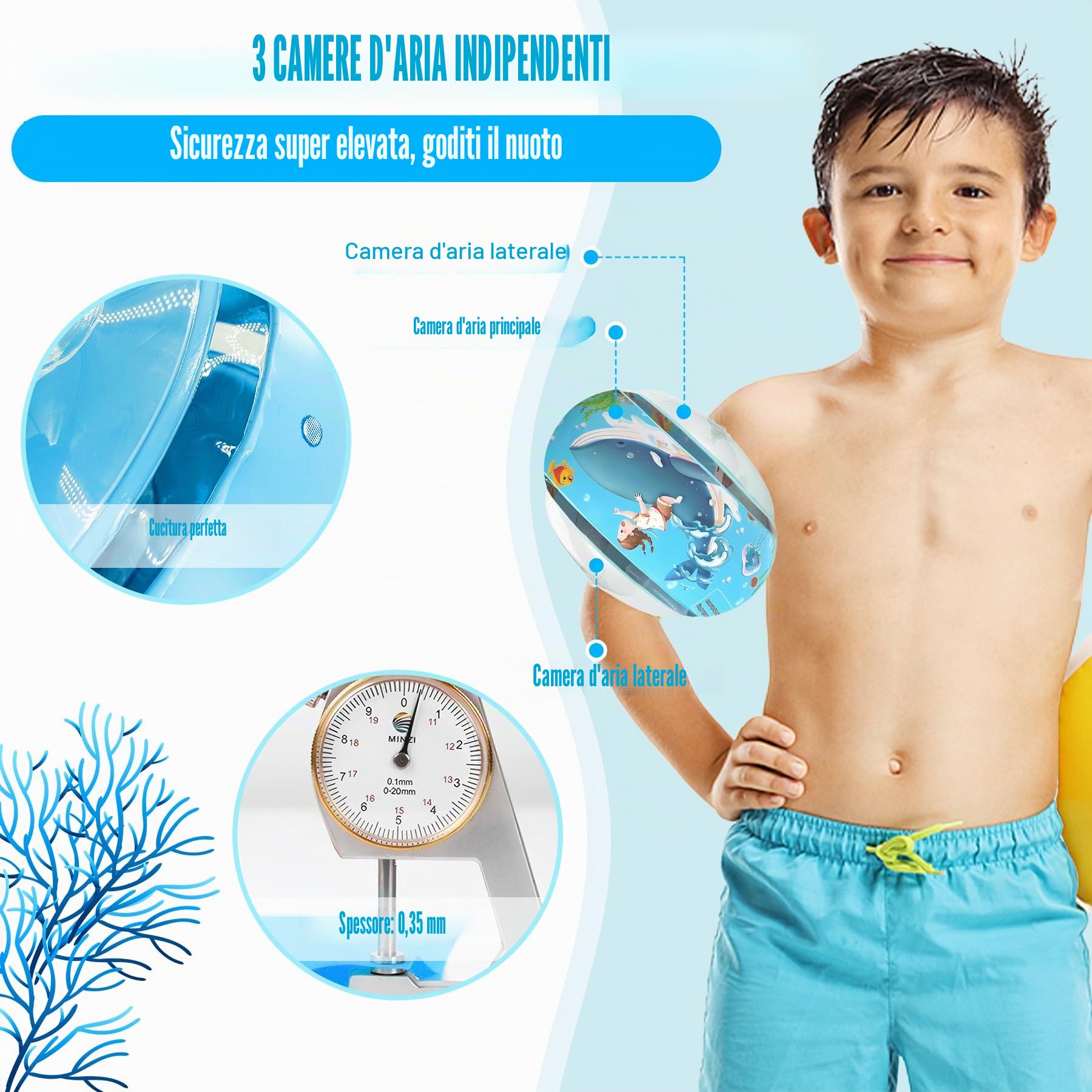 Braccioli Gonfiabili Bambini 1-14 Anni - Confortevoli e Sicuri -Swimming Arm Bands Con 3 Nucleo Airbag Indipendent per Principianti da un Anno Braccioli Rotondi Bambini (Ragazze e/Ragazzi)
