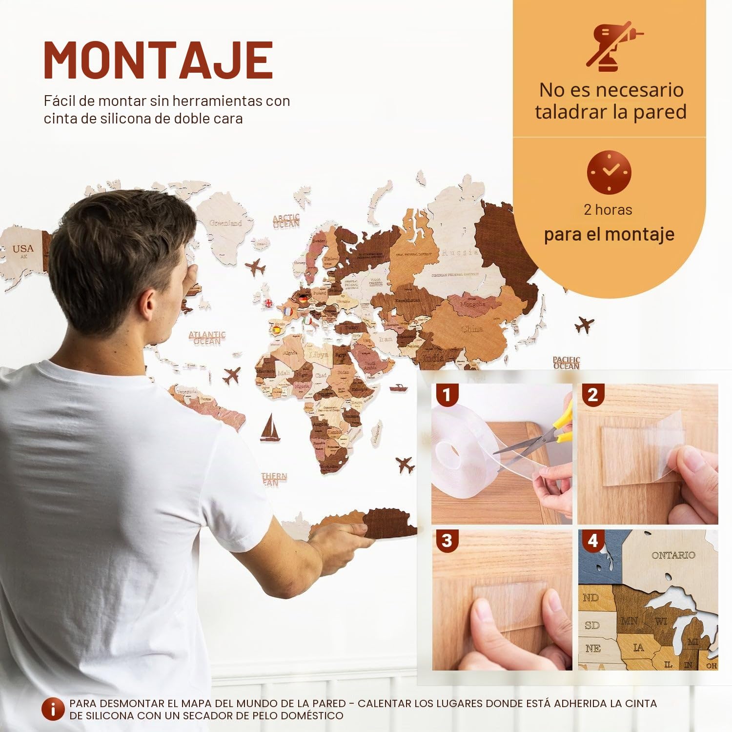Mapamundi de Madera en Inglés - Decoración 3D sin Taladrar | Contrachapado de abedul multicapa, 324 pines con banderas, 120x62 cm, solo 1,6 kg, montaje adhesivo, cabe sobre el escritorio