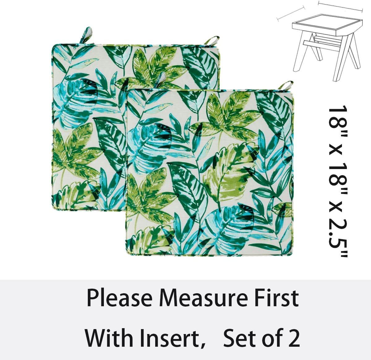 FUNHOME Outdoor Chair Cushions 18x18 Inch,Set of 2,Water Resistant Chair Pads with Ties,Square Seat Cushion 18"x18"x2.5",Patio Chair Cushion for Garden,Backyard Furniture(Palm Leaf)