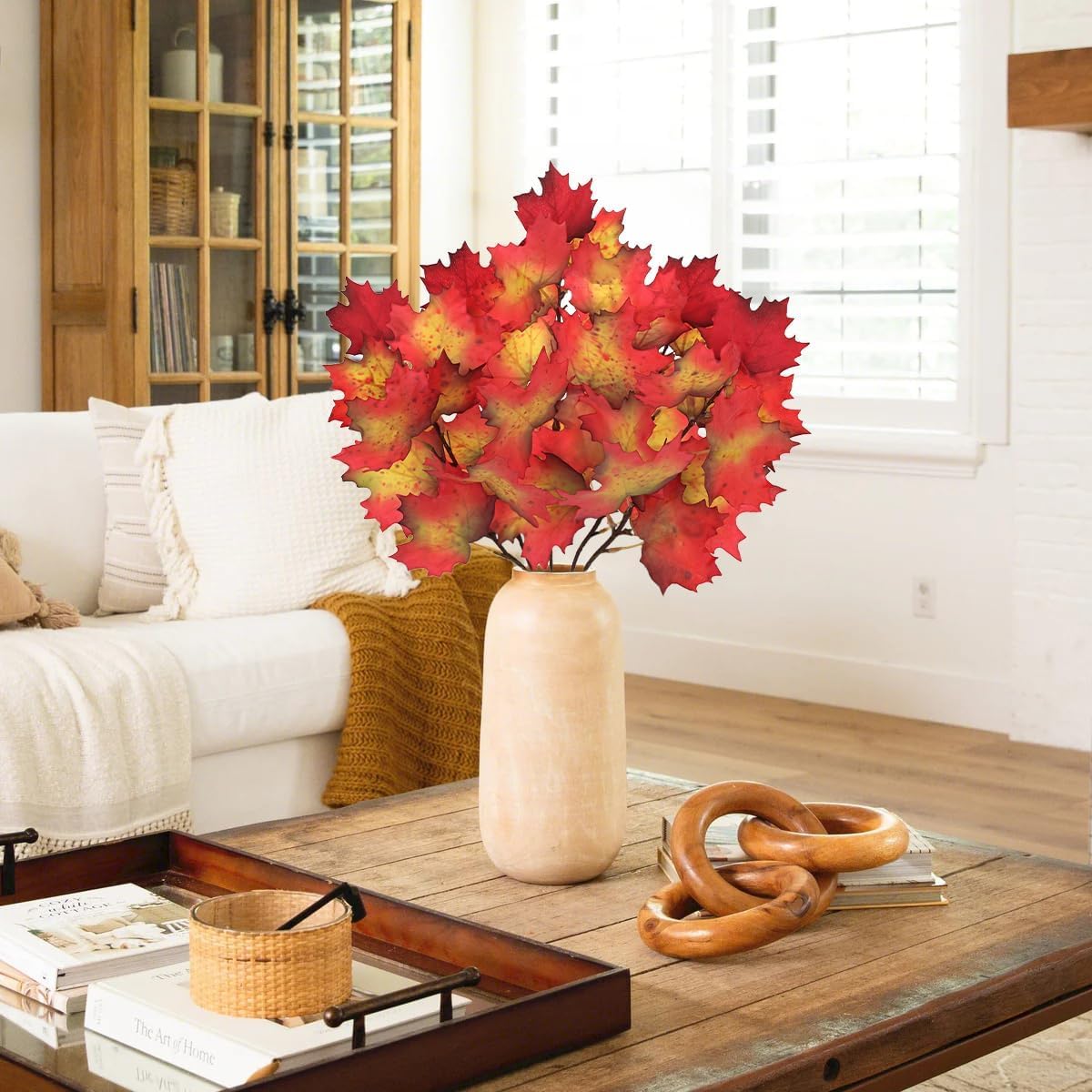 5 Pcs Artificial Fall Maple Leaves Stems 19.6” Fake Autumn Foliage Branches for Home Kitchen Farmhouse Vase Thanksgiving Table Centerpieces Party Halloween Decor Red and Orange - Image 7