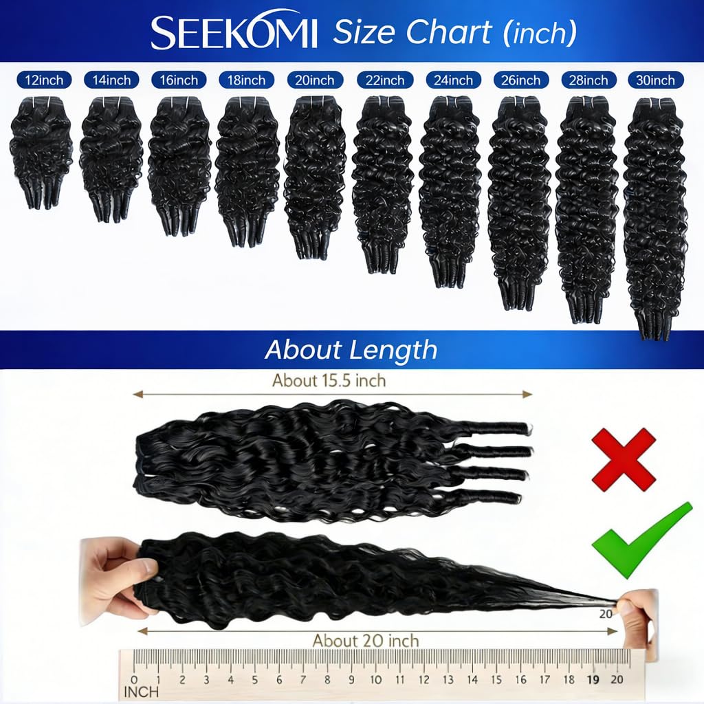 Seekomi Burmese Curly Bundles Human Hair 22 24 26 28 Inch 100% Virgin Water Wave Curly 4 Bundles Human Hair with Spiral Ends Double Weft Quick Weave for Women, Natural Black Color, 400g